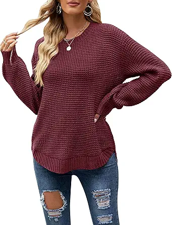 MEROKEETY Women's 2023 Casual Fall Waffle Knit Sweater Long Balloon Sleeve Loose Pullover Jumper