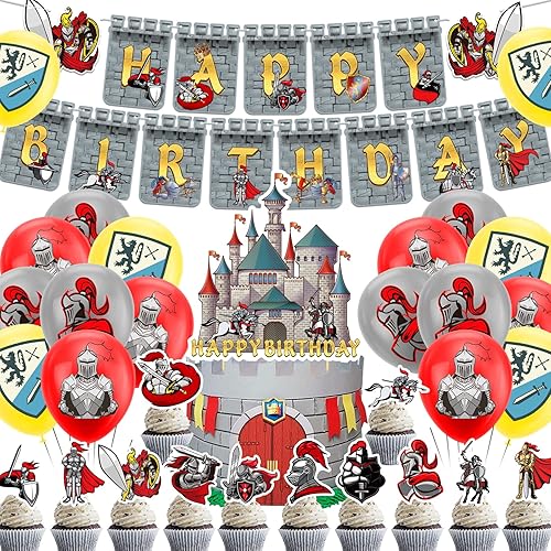 Decoración de fiesta de cumpleaños medieval suministros de fiesta de caballero incluyen globos de feliz cumpleaños decoración de tartas decoración