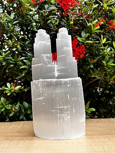 Miniatura 9 de Lámpara de rascacielos doble de selenita, lámpara de selenita de dos torres, lámpara de torre doble de cristal curativo blanco natural, lámpara de