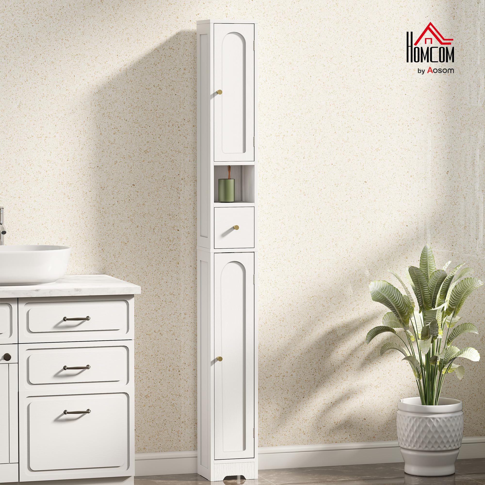 HOMCOM Tall Bathroom Cabinet, Modern Slim Bathroom Storage with Arched Doors, Drawer and Open Shelf, Narrow Storage with Adjustable Shelves, White - 2