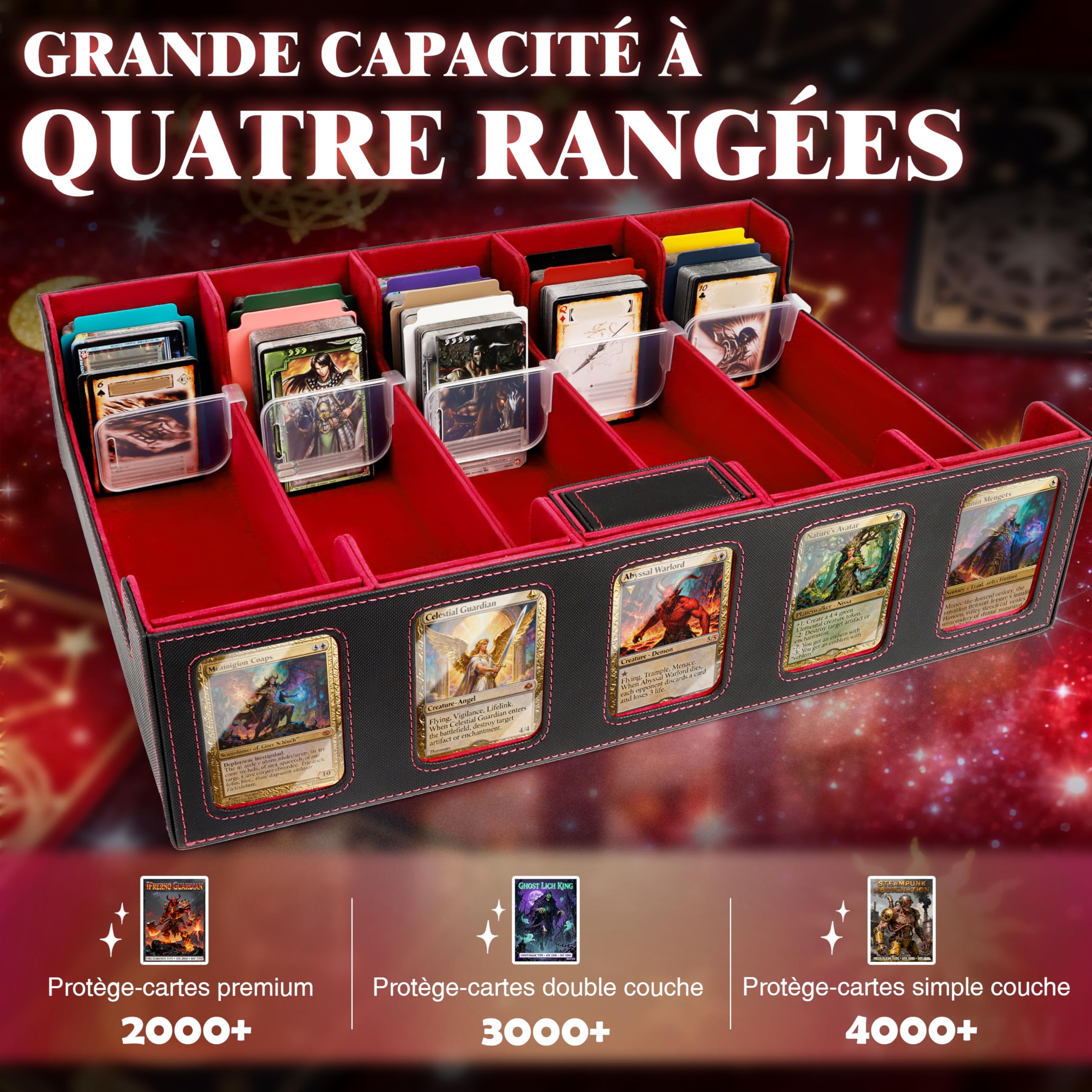 Charmofun Boîte Rangement Carte, Boîte à Cartes pour Plus de 3000+ Cartes Avec 10 Séparateurs, 5 Blocage et Plateau à Dés, Boîte à Rabat Magnétique avec Cuir Pu et Poignée