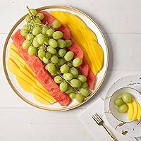 Vista 24 de Plasticpro Plastic Serving Trays - Serving Platters Disposable Party Dish White, (4, Round Black Tray with Gold Rim)