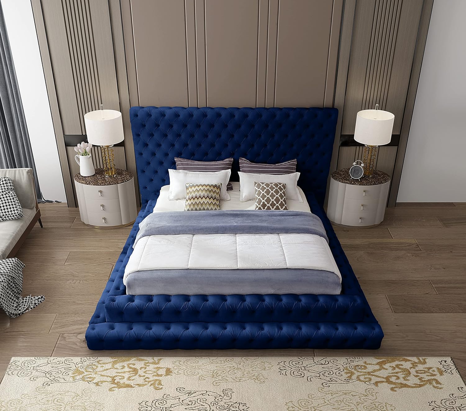 Meridian Furniture RevelNavy-Q Revel Collection Modern | Contemporary Navy Velvet Upholstered Bed with Deep Button Tufting, 85" W x 98" D x 60" H, Navy, Queen