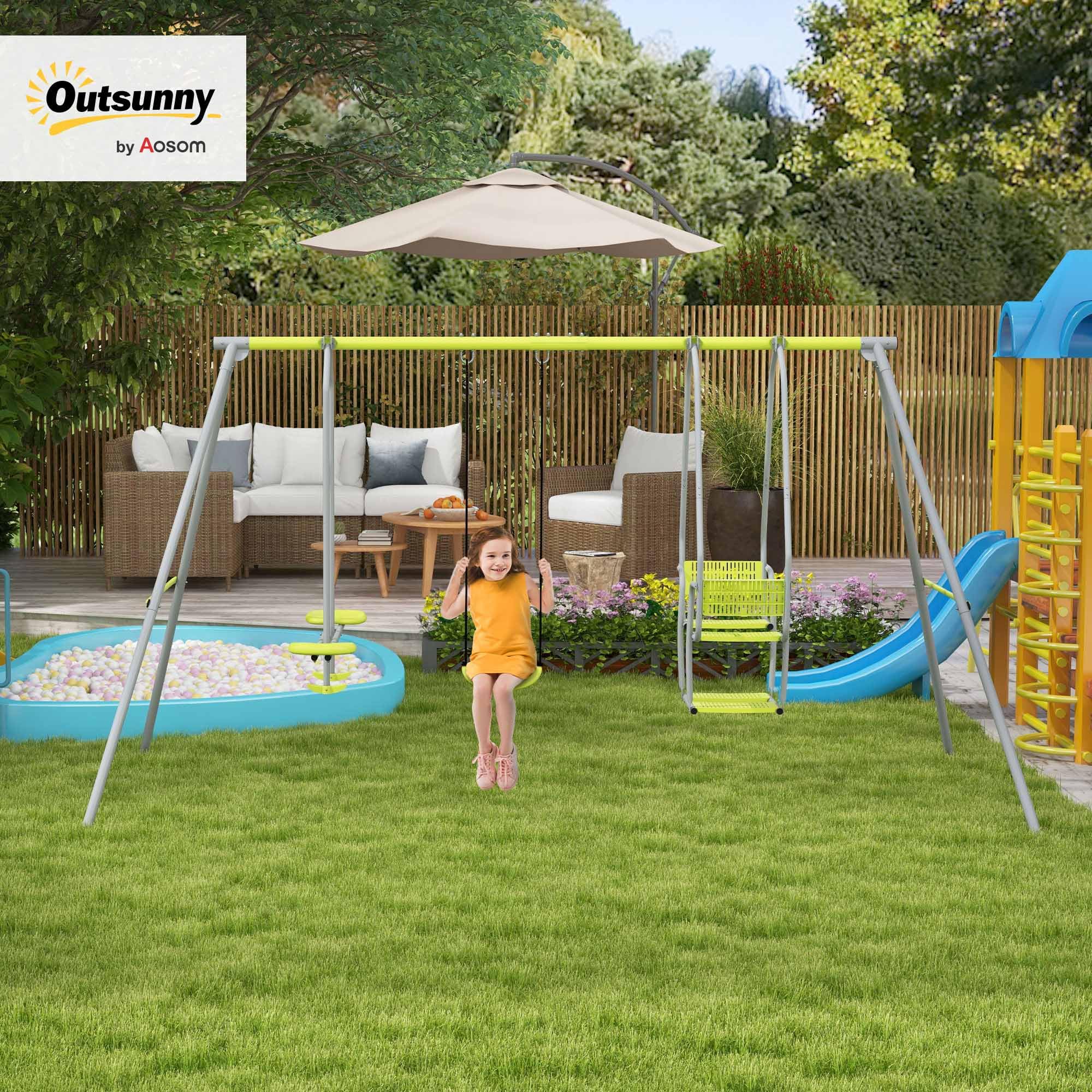 Outsunny Altalena per bambini 3 in 1 con 1 faccia a faccia e 3 set, telaio in metallo, portata massima 225 kg, area giochi all'aperto, verde