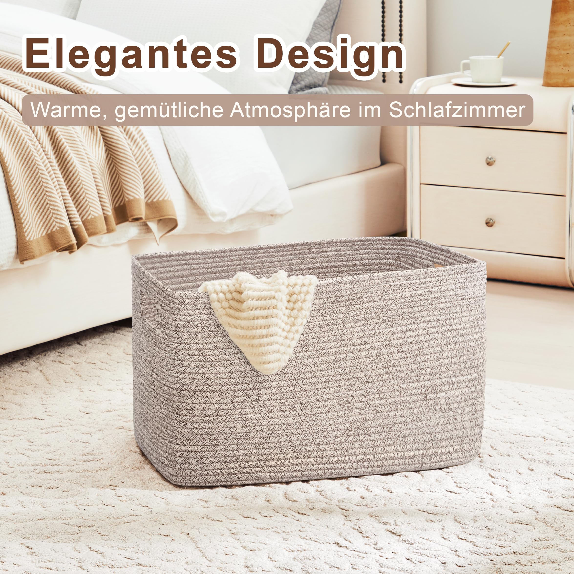 72L großer Wäschekorb geflochten mit Henkeln, Hellbraun | Aufbewahrungskorb aus Baumwollseil für Decken, Spielzeug & Kleidung, Stoffkorb für Wohnzimmer, Kinderzimmer, 55×43×30 cm