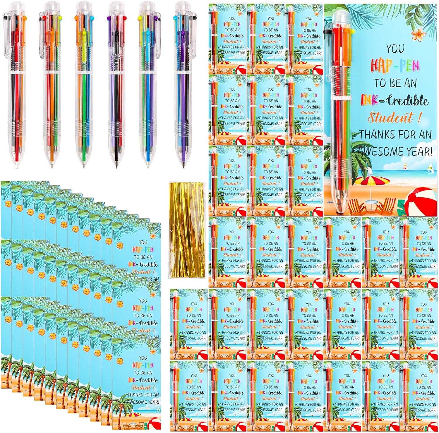 60 Pcs End of Year Student Gifts from Teacher 6 in 1 Multicolor Ballpoint Pen Blessing Cards Retractable Ballpoint Pens Preschool Kindergarten Graduation Gifts Classroom Prizes School Supplies