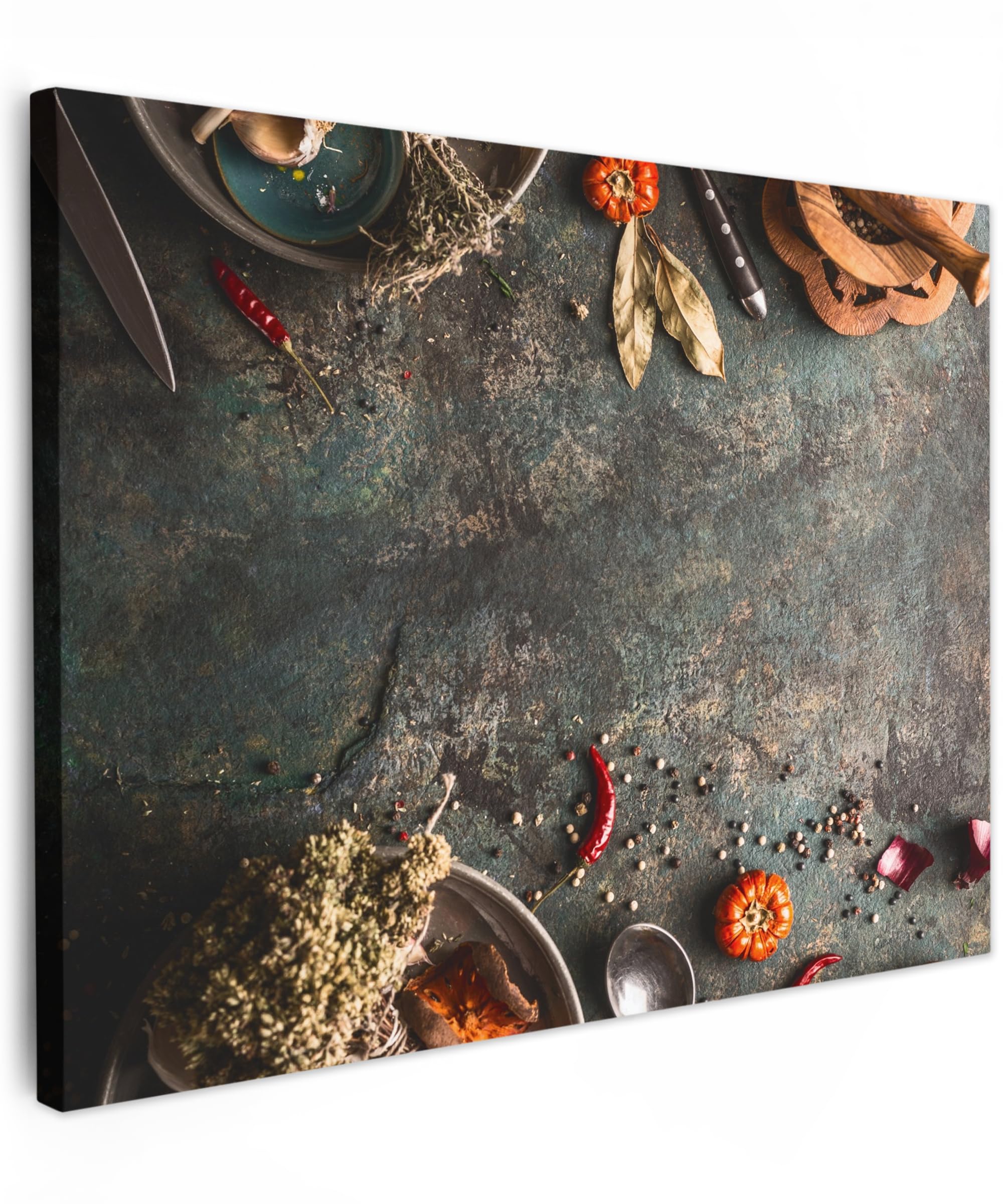 MuchoWow© Leinwand 40x30 cm Deko Schlafzimmer Aesthetic Leinwandbilder Wohnzimmer Gemälde Foto Geschenk Living Room Decoration Küchenbilder - Bild Küche - Marmor - Gemüse - Kürbis - Gewürze