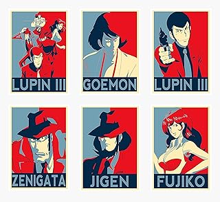 Wall Art - Set di 6 stampe da parete con personaggi Lupin Goemon Jigen Zenigata Fujiko formato A4 (21 cm x 29 cm) senza cornice