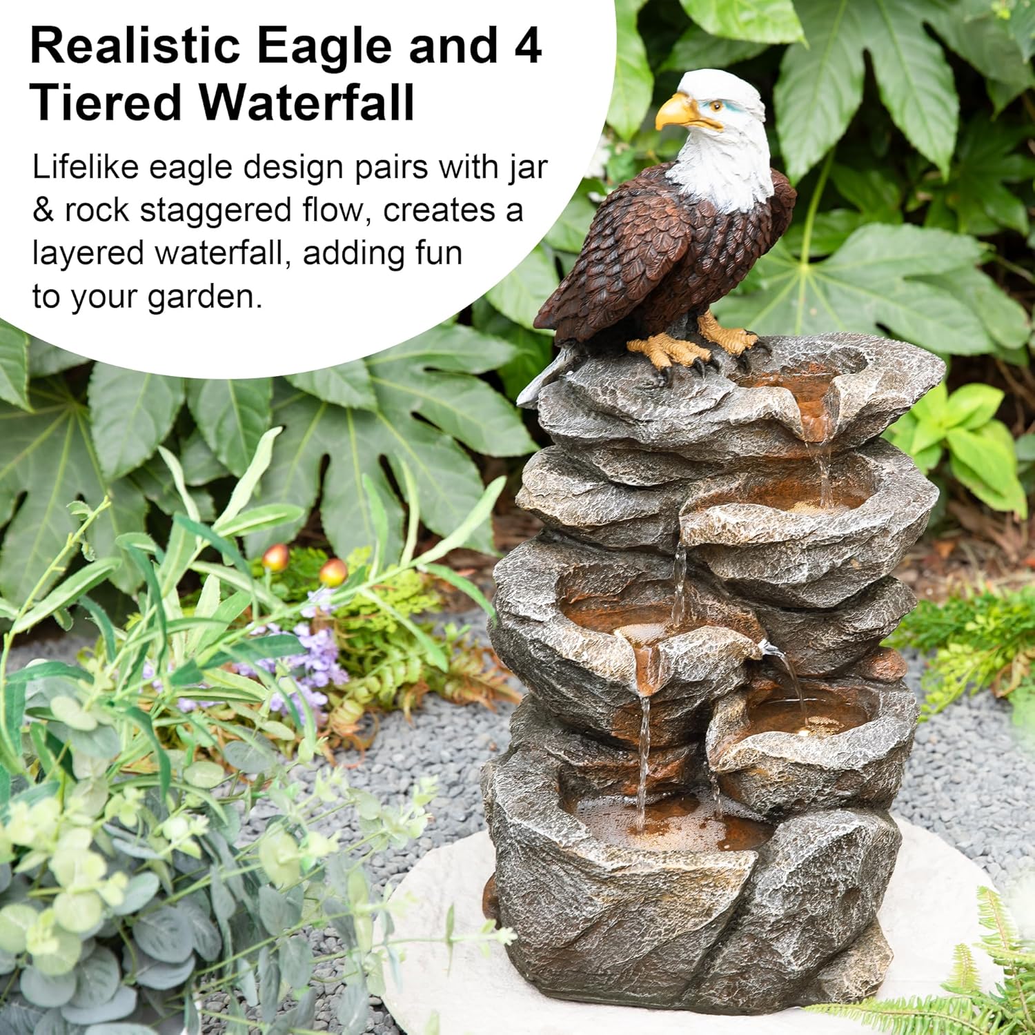Glitzhome Outdoor Water Fountain with Lights, 4-Tiered Eagel Outdoor Fountain, 25.25" H Polyresin Decorative Waterfall Feature Garden Fountain with Pump for Garden, Patio, Yard, Deck, Porch Decor