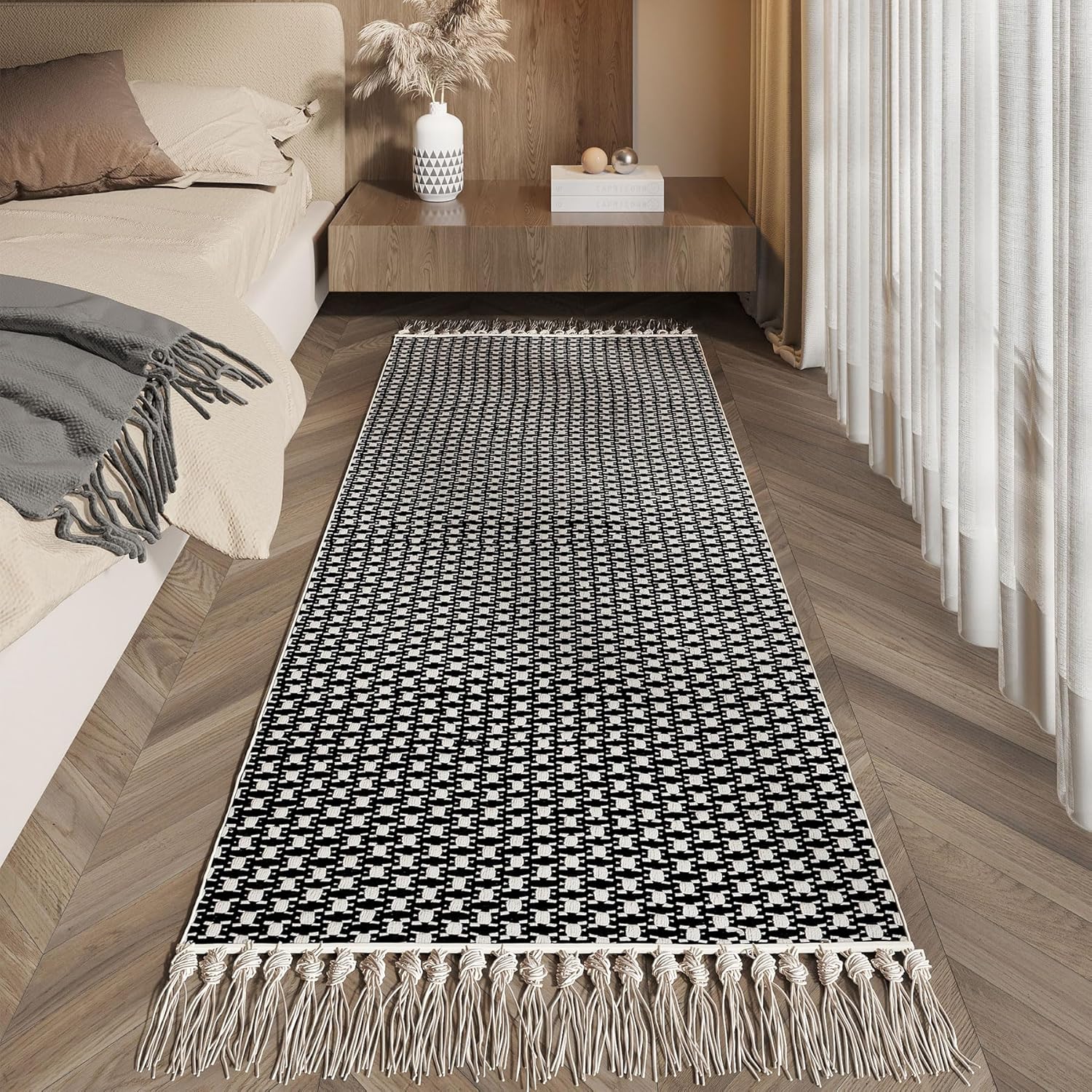 Boho Runners for Hallways 2x6 ft Washable Runner Rug Non Slip Rubber Backed Kitchen Rug Woven Entryway Runner Rugs Tassels Carpet Runners for Indoor Hallway Bedroom (Black/Beige)