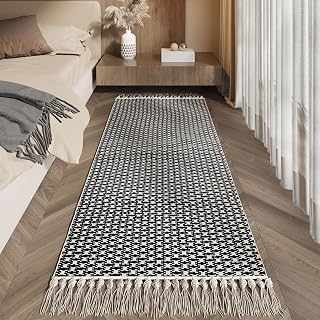 Boho Runners for Hallways 2x6 ft Washable Runner Rug Non Slip Rubber Backed Kitchen Rug Woven Entryway Runner Rugs Tassels Carpet Runners for Indoor Hallway Bedroom (Black/Beige)
