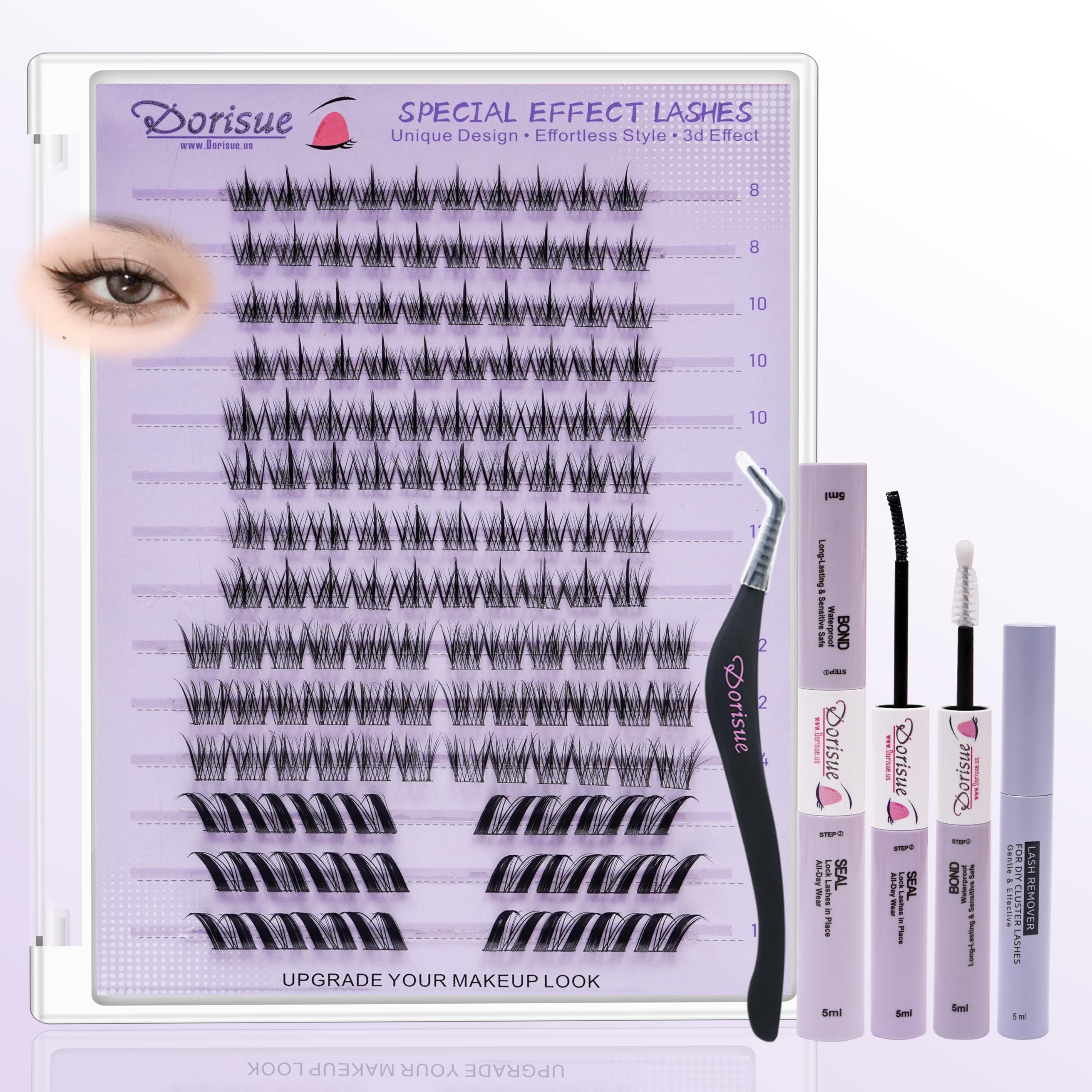 Dorisue Professional Cluster Lashes Kit 4-Styles 140PCS, Complete Bond Seal Remover System, Salon Quality Gradient Ombre