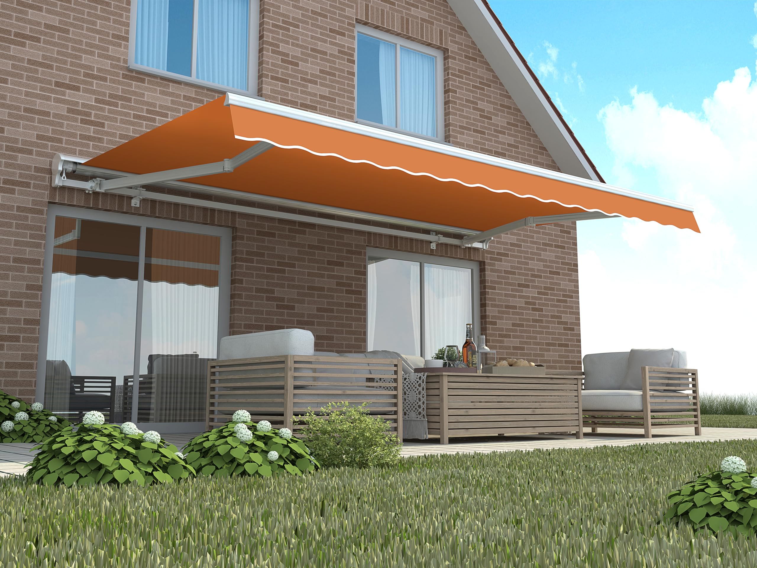home Trends Preiswert Markisen Tuch Markisenbespannung Ersatzstoffe Diverse Farben Maße 4 x 3 m Markisenstoffen inkl. Volant fertig genäht mit Bordeux (P1027- Orange)