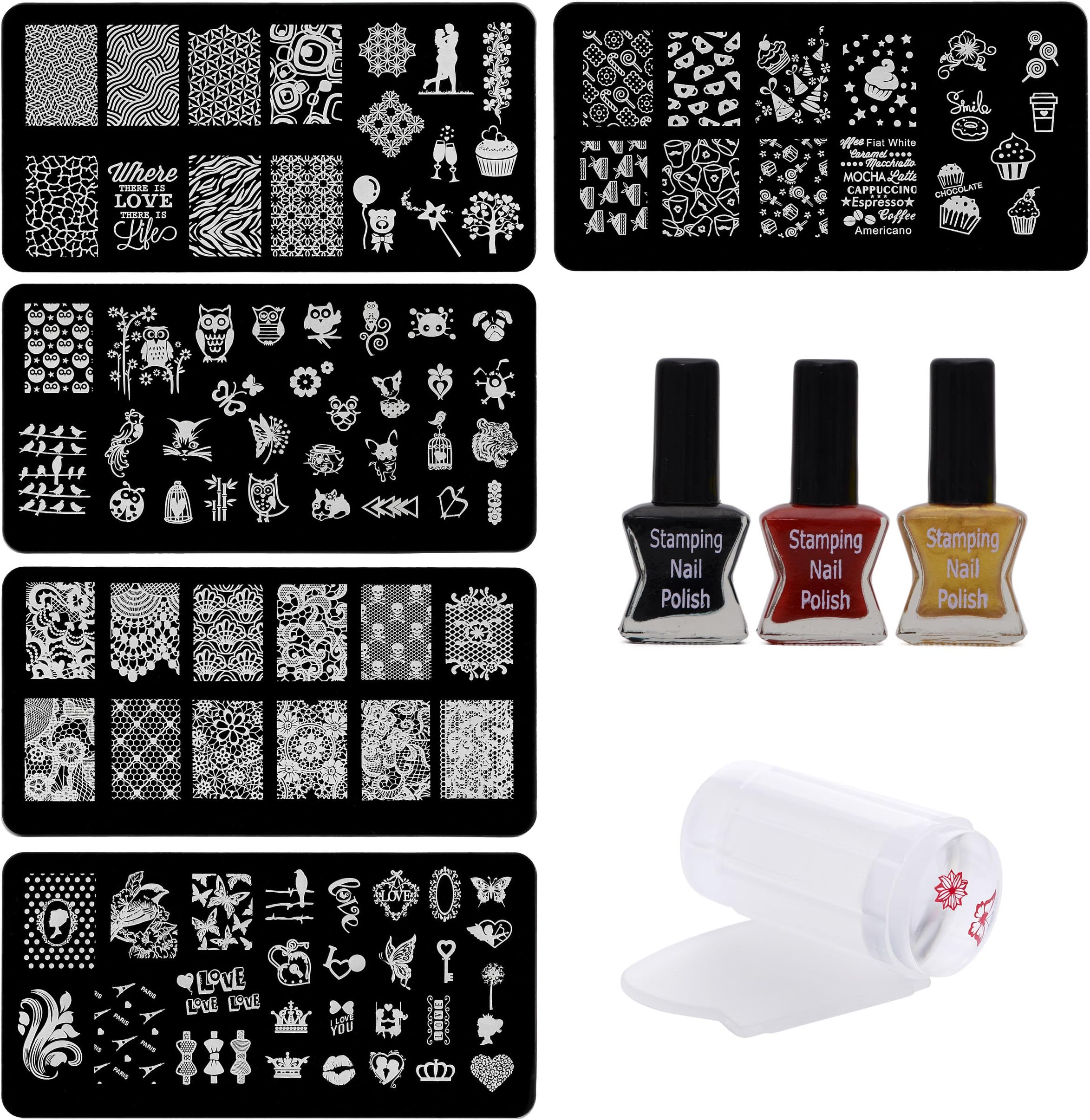 Lifestyle-You Nail Stamping Kit with 5 Rectangular Image plates, Silicone Stamper & Scraper.
