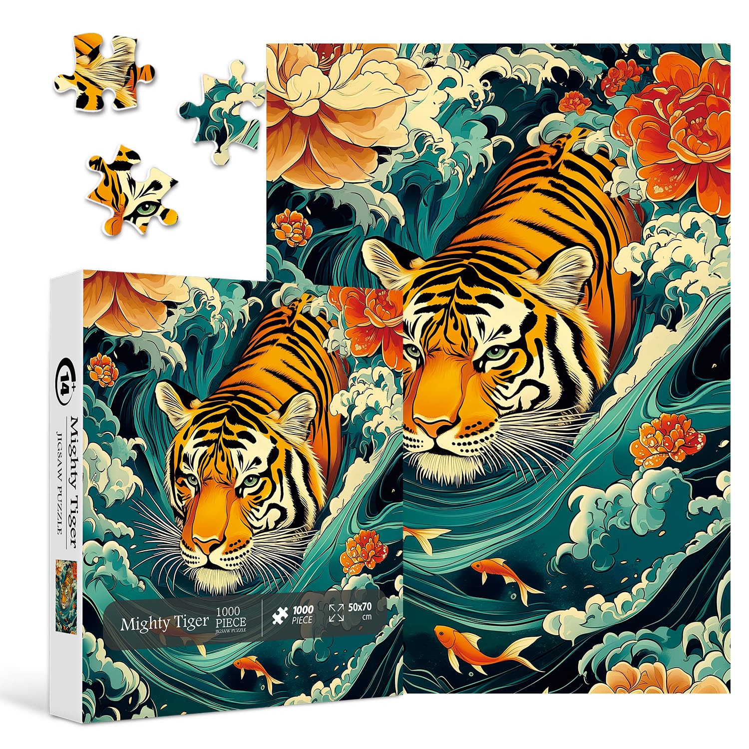 Mighty Tiger Puzzles for Adults 1000 Pieces, Nature Animal Art Puzzle Featuring Tiger in Waves, Koi Fish and Blooming Flowers, Wildlife Challenging Puzzles for Adults as Home Wall Decor - Image 2