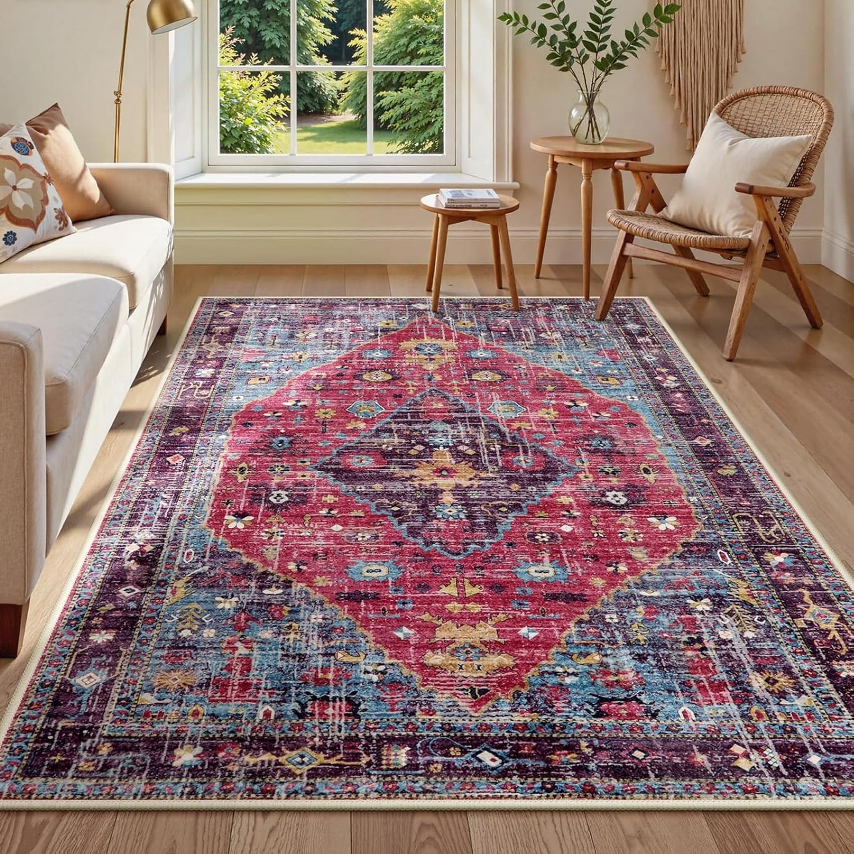 Tapis salon motif floral vintage rouge bleu jaune 120 x 185 cm