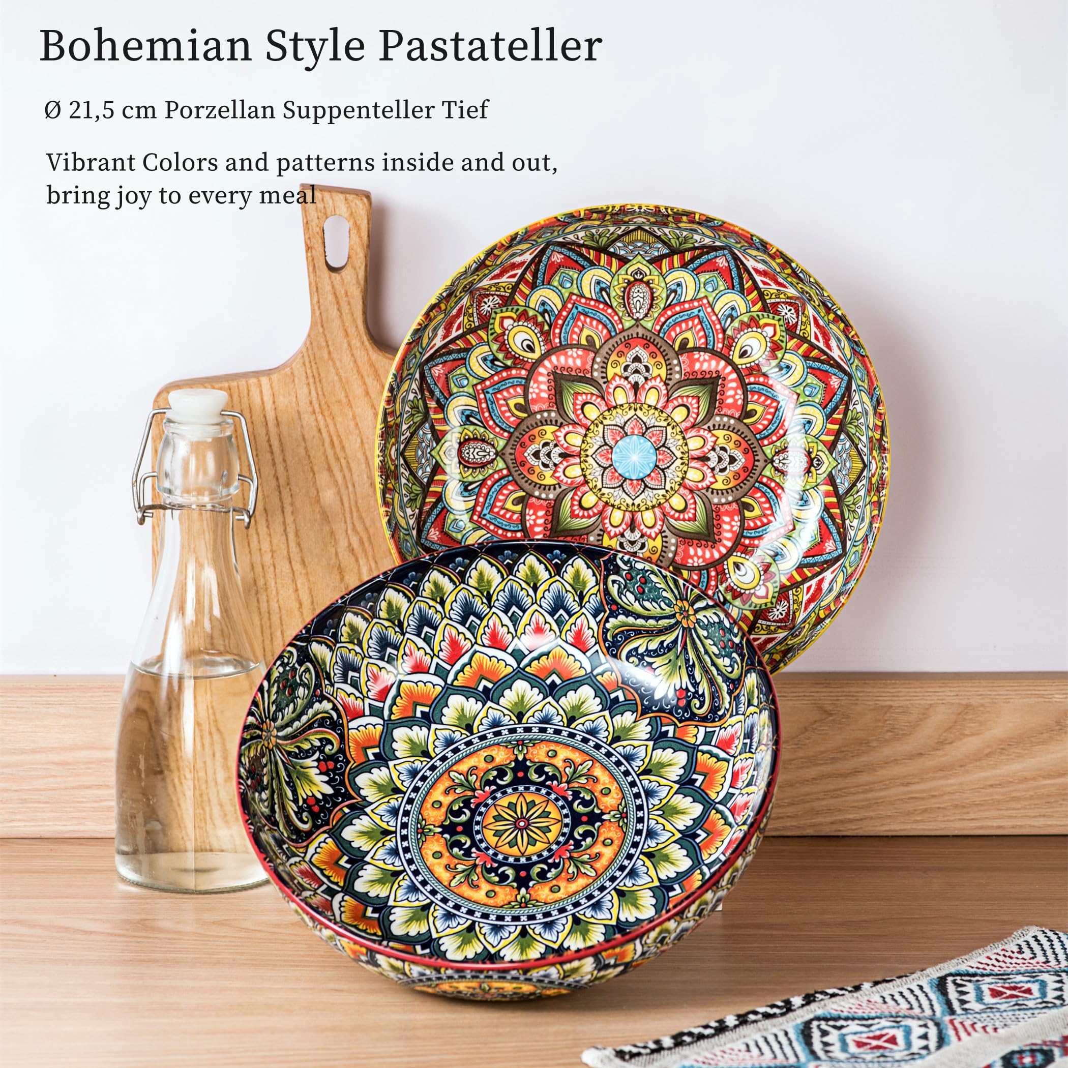 Henten Home Ciotole per Pasta, Piatti Fondi in Porcellana 2 pezzi -1500 ml, Ciotole per Pasta/Insalata/Zuppa/Frutta, Adatti al Forno a Microonde e Lavastoviglie, Stile Boho