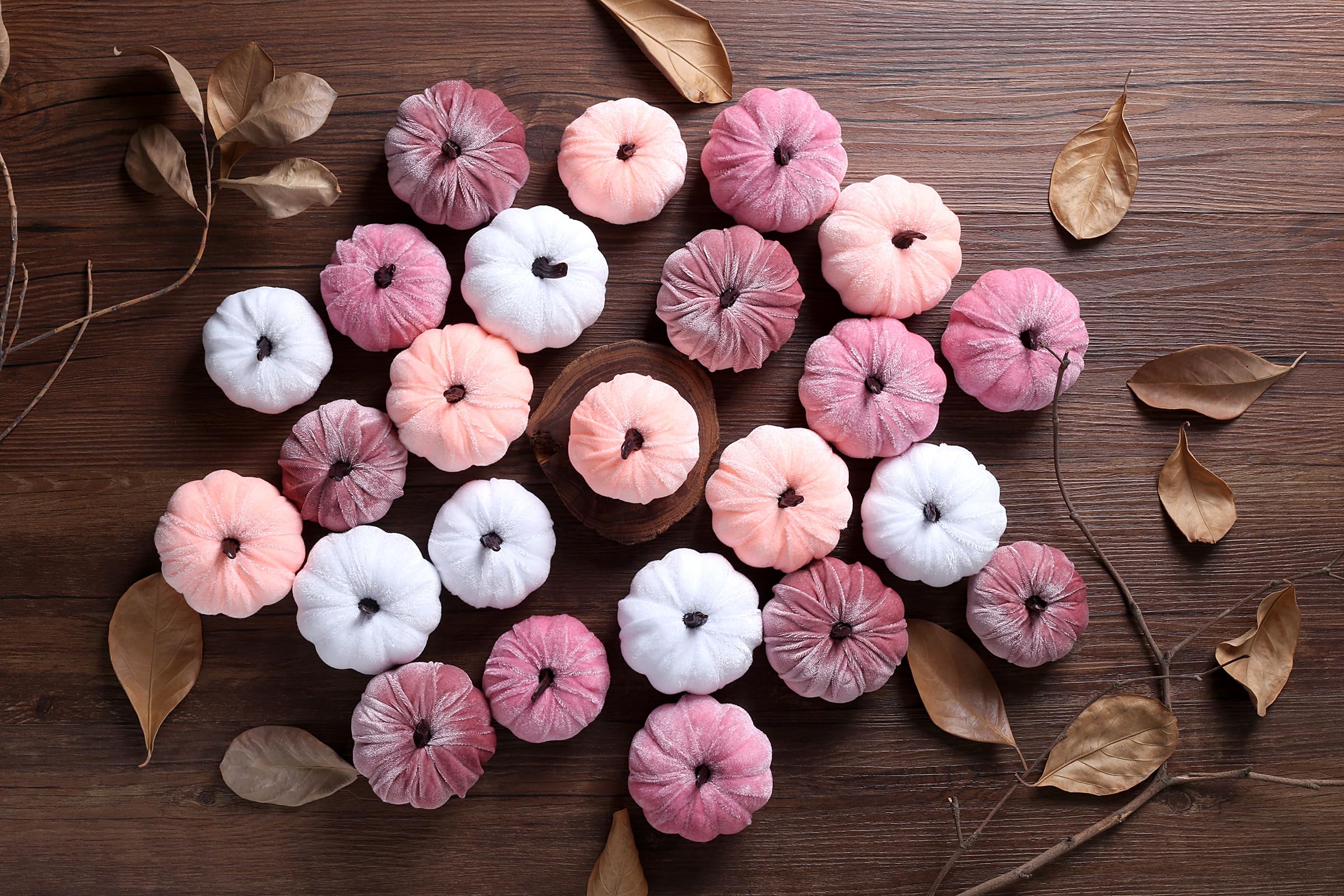 XIANNVXI Lot de 12 petites citrouilles artificielles en velours pour décoration d'Autmn - 3 couleurs - Rose et blanc - Pour décoration d'Halloween, automne, Thanksgiving