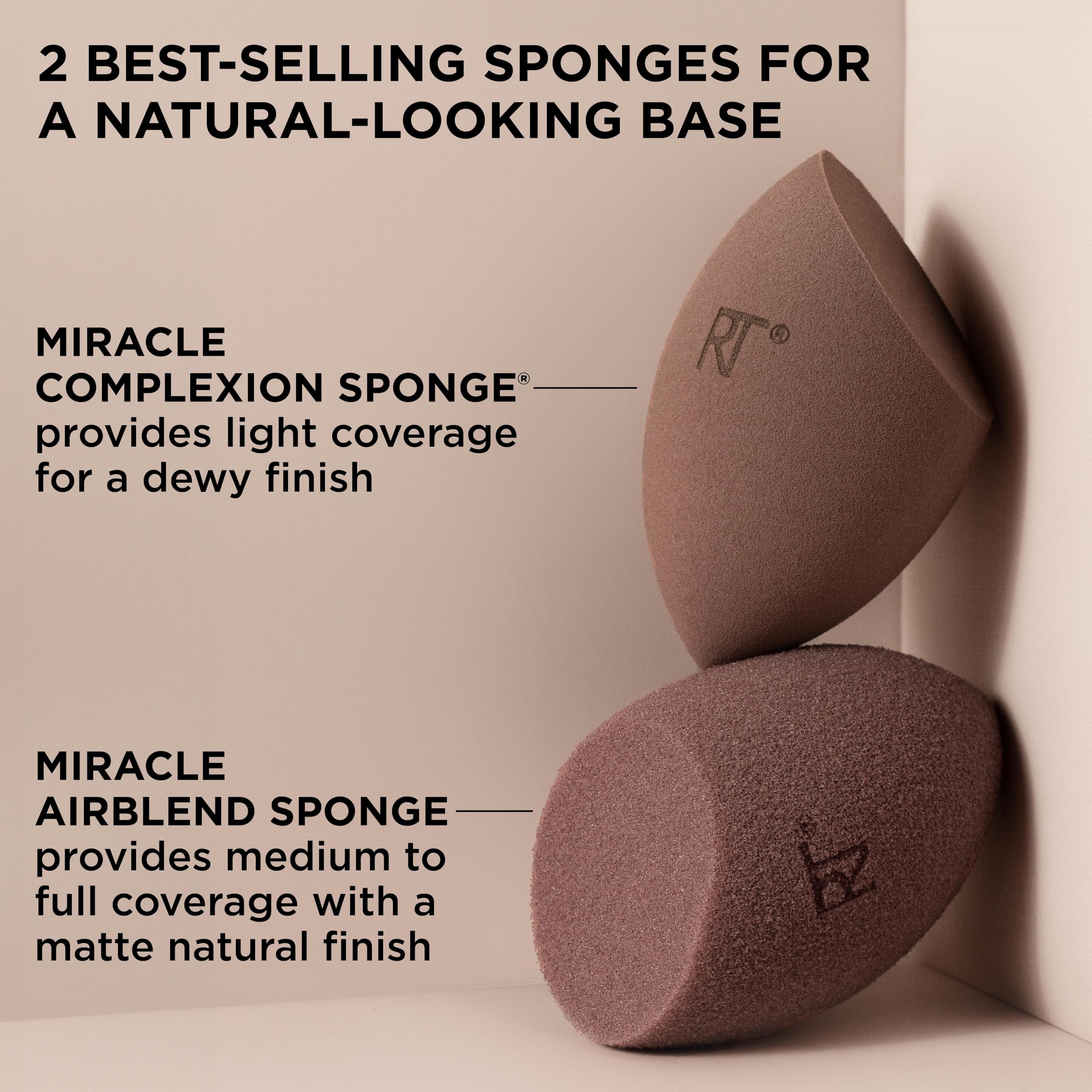 Real Techniques New Nudes Bare Finish Sponge Duo, Beauty Sponges for Liquid Foundation, Skin Tint & Concealer, Light-to-Full Coverage, Latex-Free Makeup Sponges, Cruelty-Free, 2 Count