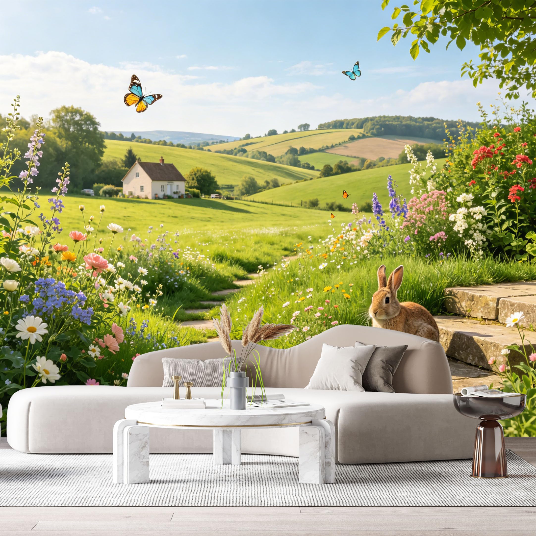 Custom Size Wall Murals Farmhouse Landscape Wildflowers Garden Cottages Butterflies SelfAdhesive Wall Fabric Removable Large Wallpaper for Photo Living Room