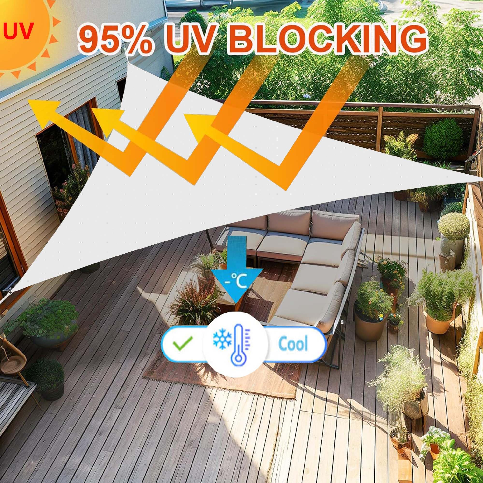 Trójkątny żagiel przeciwsłoneczny, wodoodporny baldachim blokujący promienie UV, do ogrodu, patio, zadaszenie, 95% ochrony przed promieniowaniem UV, 3,7 x 3,7 m, biały, z liną dla łatwej instalacji
