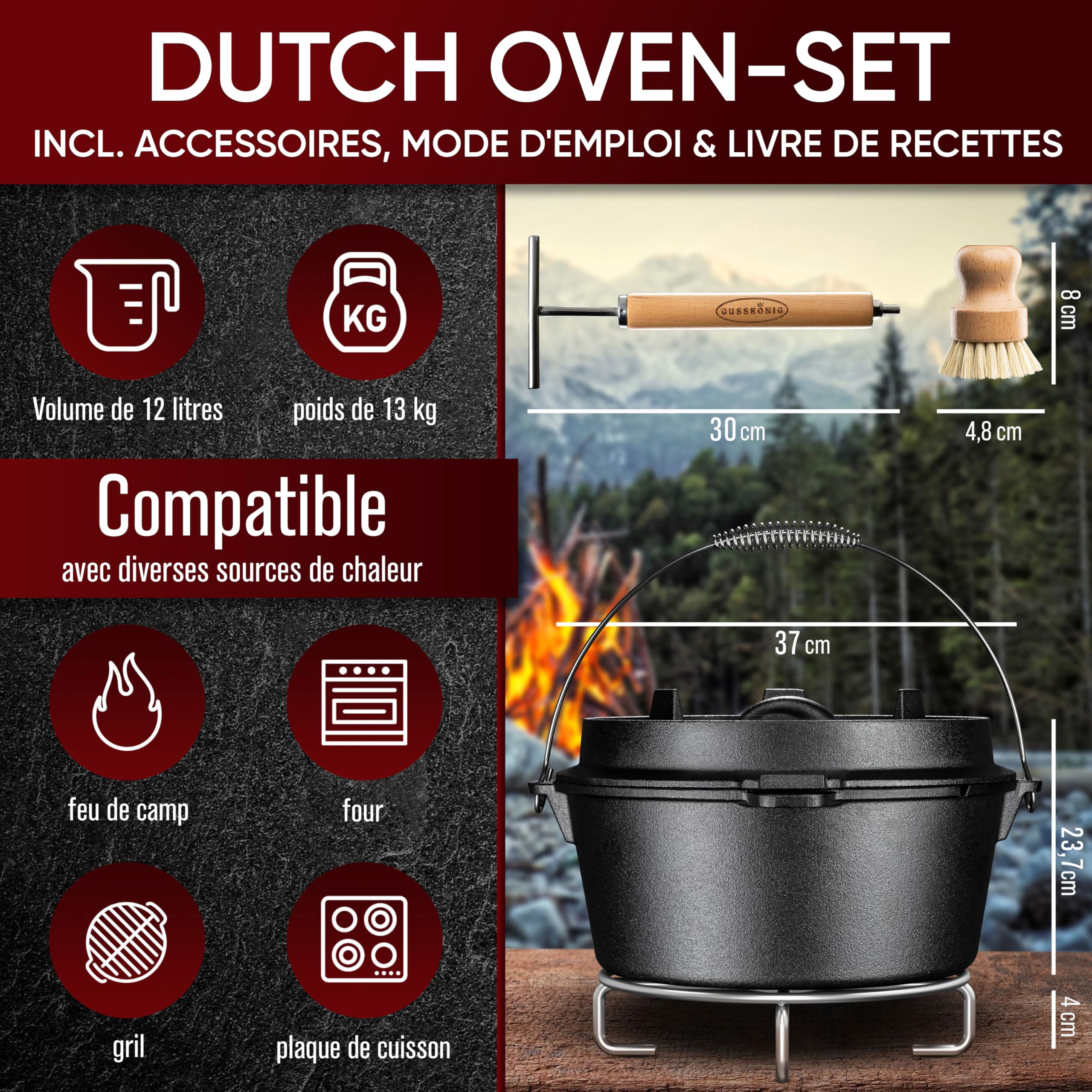 GUSSKÖNIG de four hollandais Ensemble- Dutch Oven de 12 Litres déjà culotté - Feuertopf en fonte sans pieds - Cocotte multifonction -avec lève-couvercle 2 en 1, brosse et livre de recettes Dutch Oven