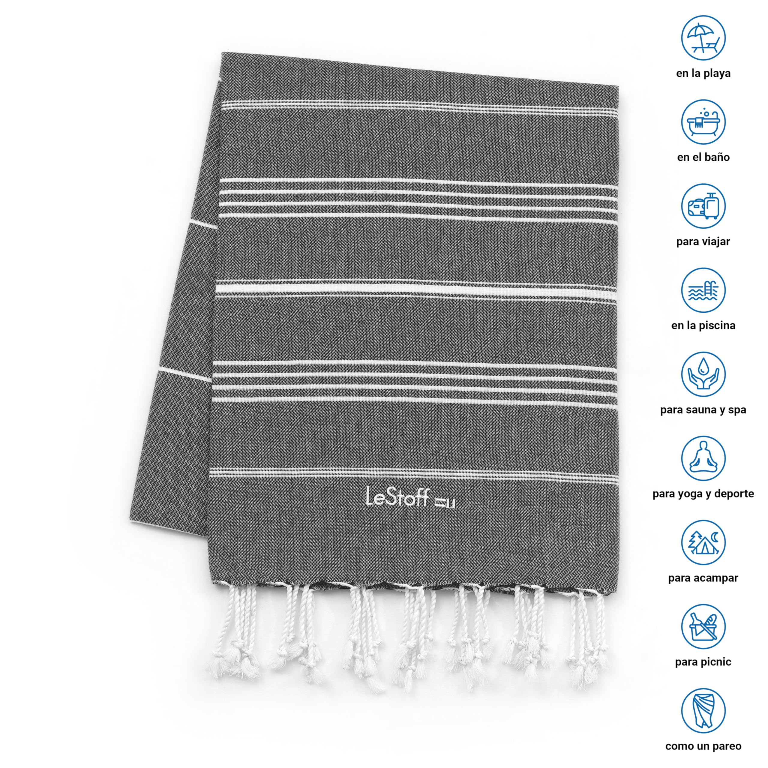 LeStoff Pack 2 Foutas, Algodón Orgánico, 95x180 cm, Antracita/Beige | Pack de 2 toallas de playa, baño, sauna y viaje; ligeras, absorbentes, de secado rápido y prelavadas