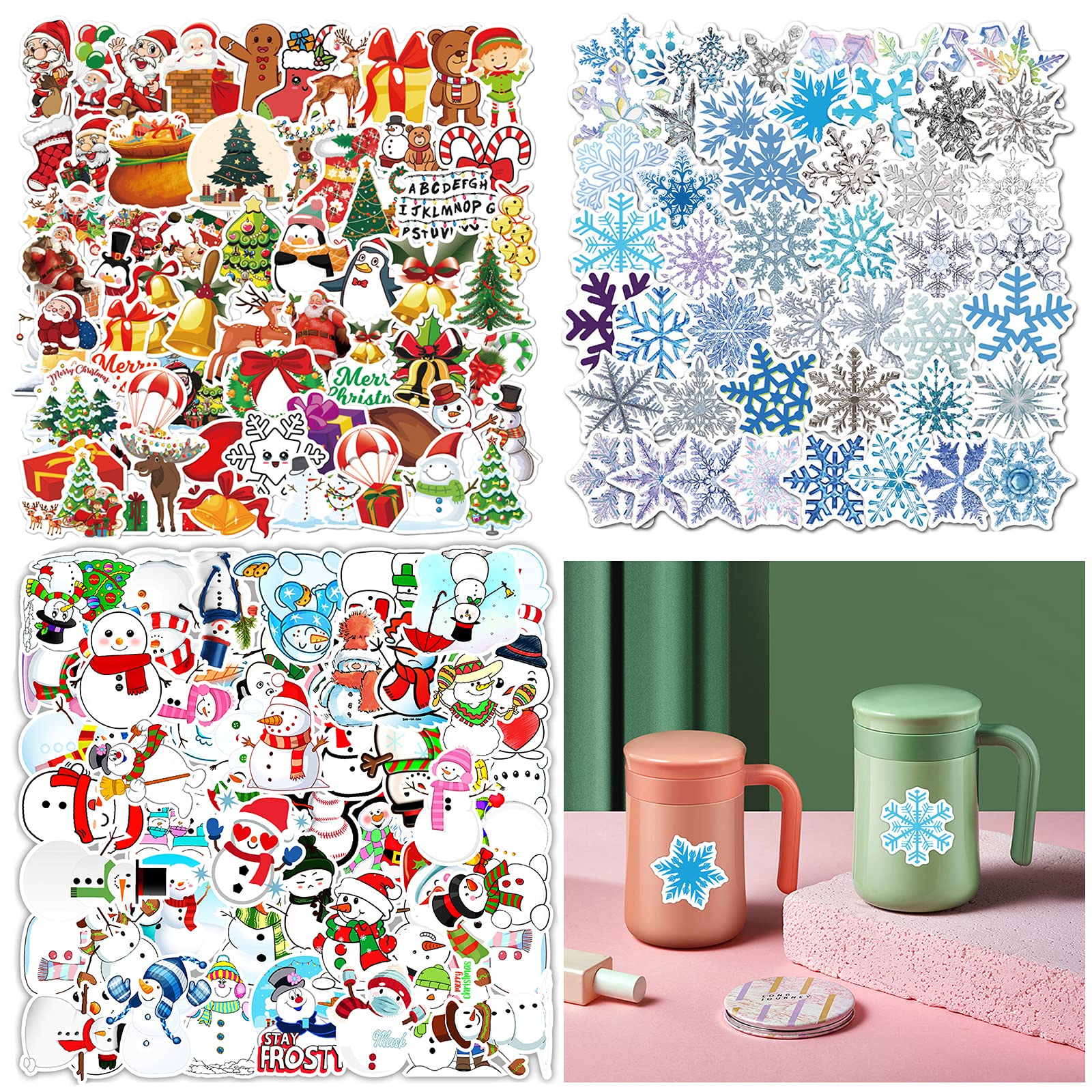 Christmas Stickers for Kids, 200PCS Cute Christmas Theme Santa Snowflake Snowman Vinyl Stickers Laptop Water Bottle Skateboard Scrapbooking Computer, Xmas Stickers Decor Christmas Stickers for Gifts