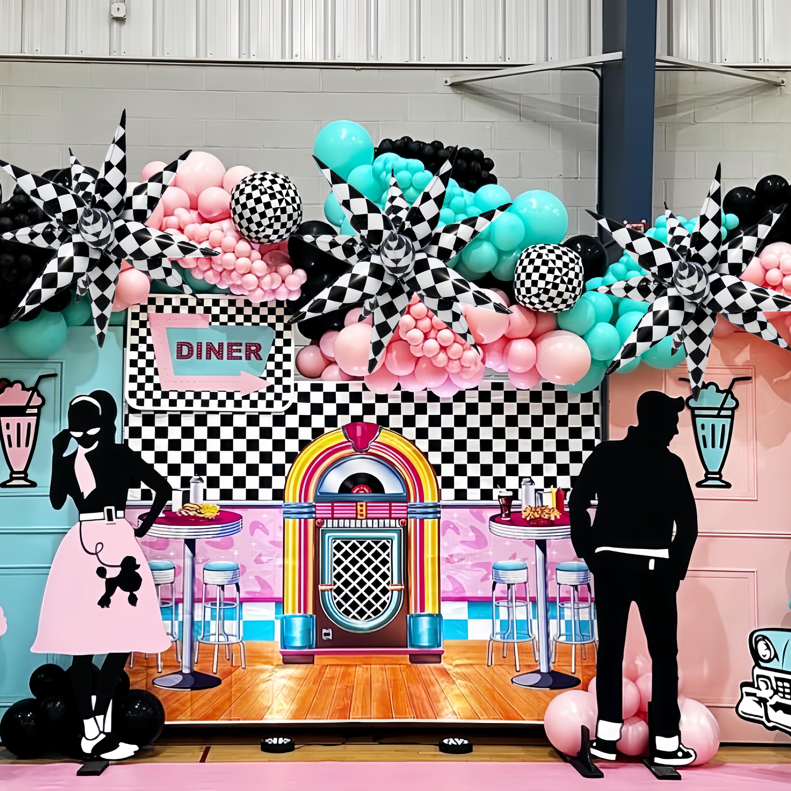 2*12 Pcs Black White Checkered Explosion Pointed Star Foil Balloons/4D Checkered Racing Balloons/Race Car Birthday Party Supplies/Las Vegas Casino Party/Father's Day Boys Birthday Party (2 Pcs Black)