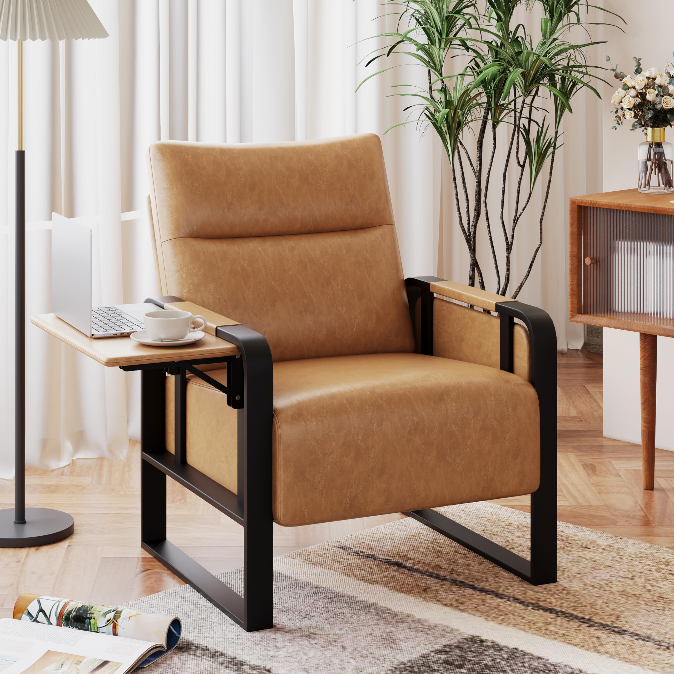 Upholstered Living Room Chair Armchair, Mid Century Faux Leather Metal Accent Chair, Reception Couch Office Guest Chair Slipper Club Lounge Single