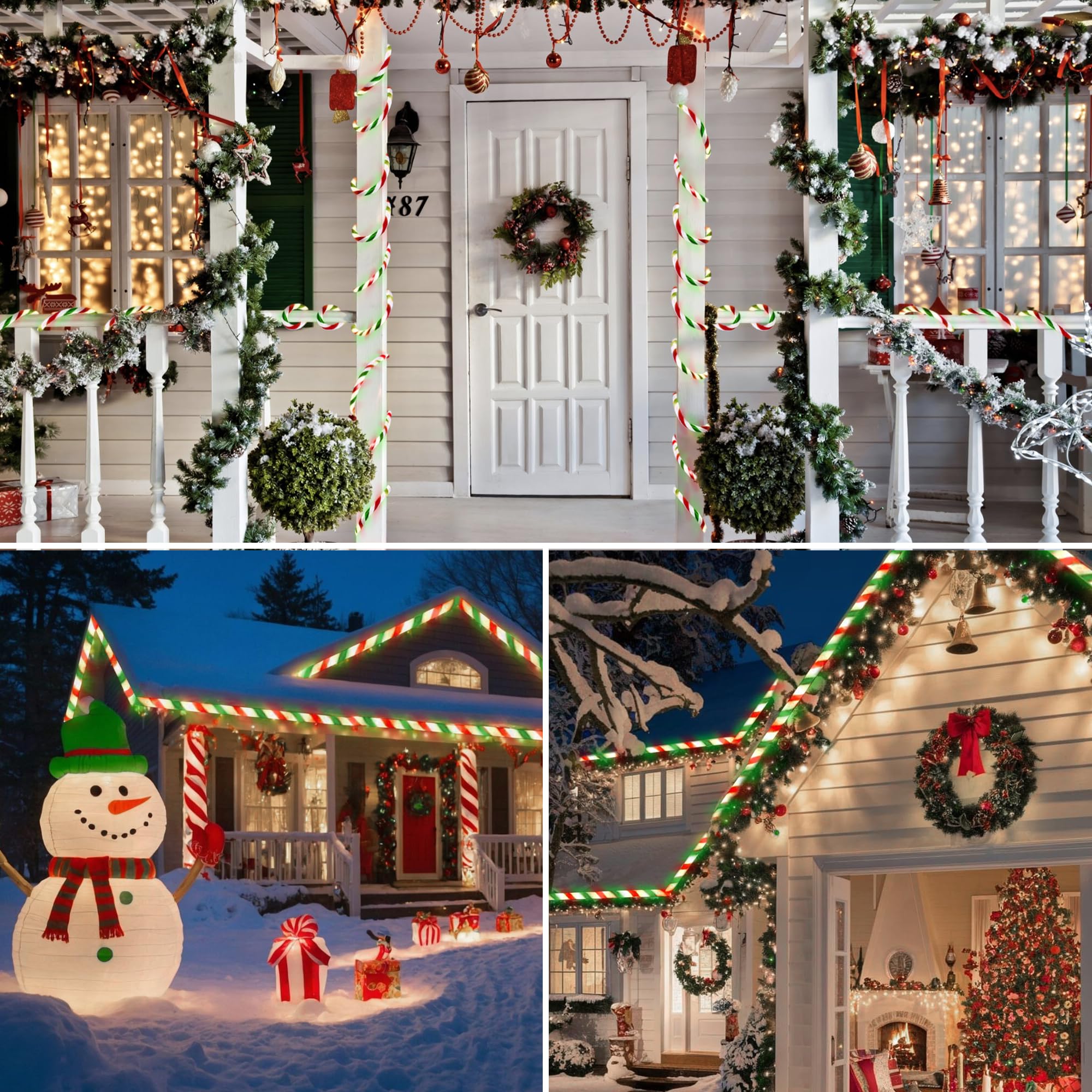 Jnaurb Luces de bastón de caramelo de Navidad, 66 pies, 480 luces LED conectables, color blanco, rojo y verde, cuerda de luces para exteriores, 8 modos, luz LED impermeable de Navidad para jardín
