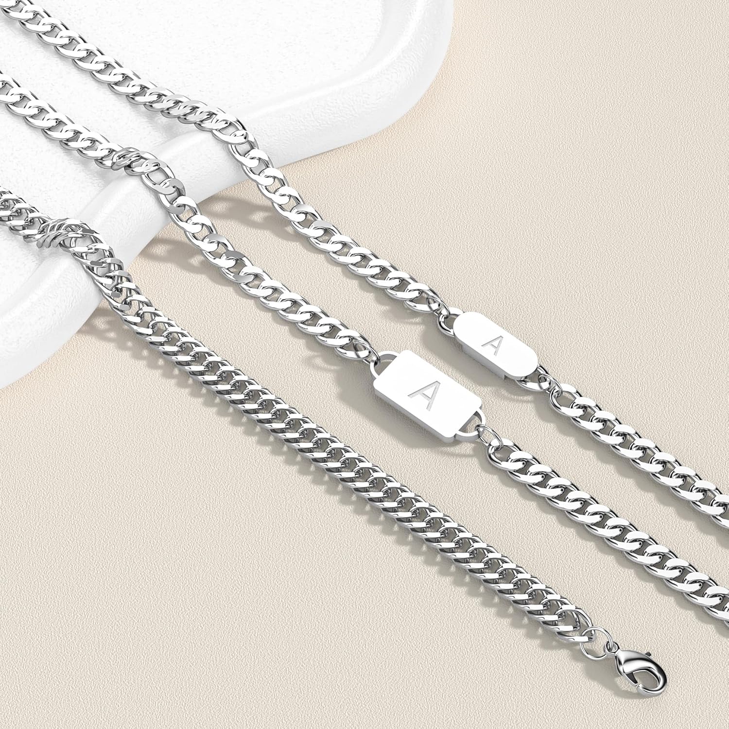 3PCS Initial Letter Cuban Necklace Bracelet, A-Z Letter Pendant Stainless Steel Silver Gold Black Cuban Link Chain for Men Women Jewelry Set for Him Her - Image 4