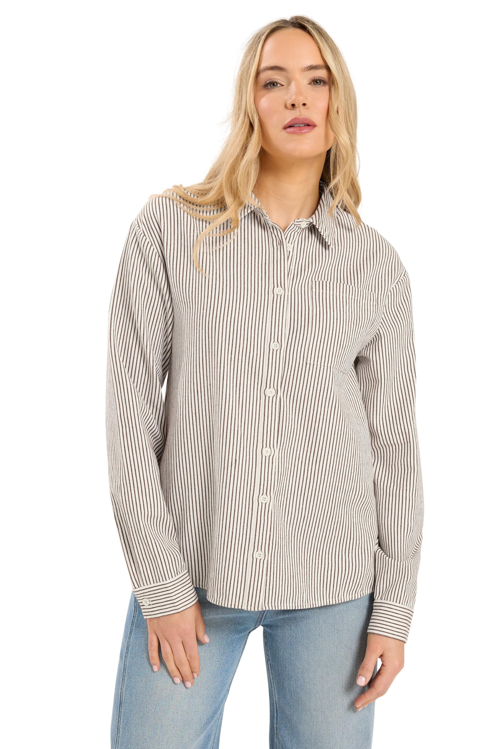 Lts Women's White Tall Chocolate Brown & Stripe Cotton Shirt Size 14