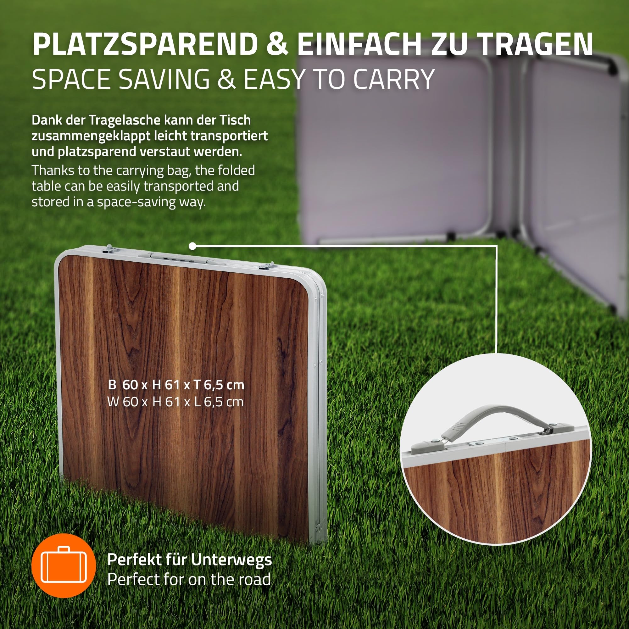 ECD Germany Table Pliante Transportable de Camping - 120 x 60 x 55/63/70 cm - Hauteur Réglable - en Aluminium et MDF - Marron - Table de Camping Jardin Barbecue Travail - Table pour Extérieur