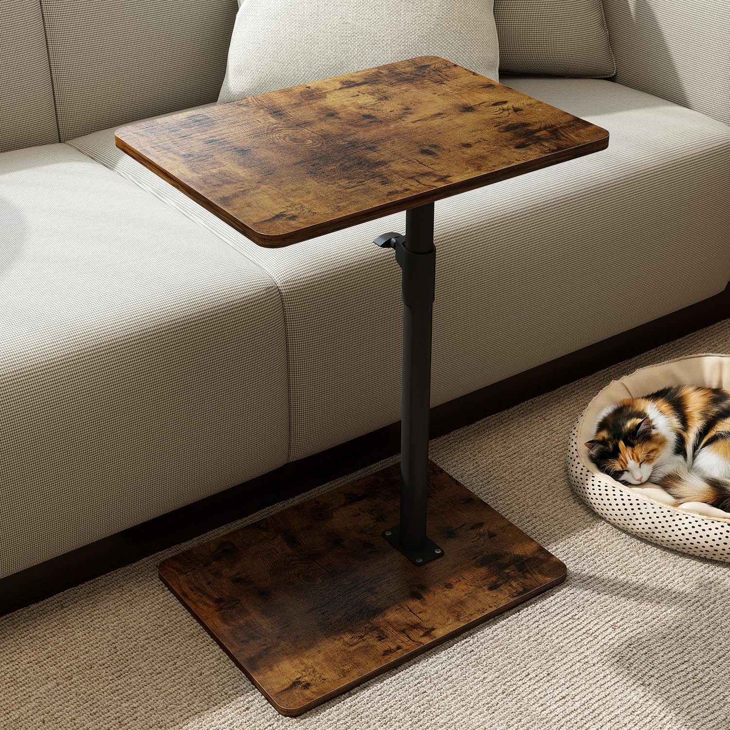 YUHFERA Adjustable C-Shaped Sofa Side Table, Large, Rustic Brown