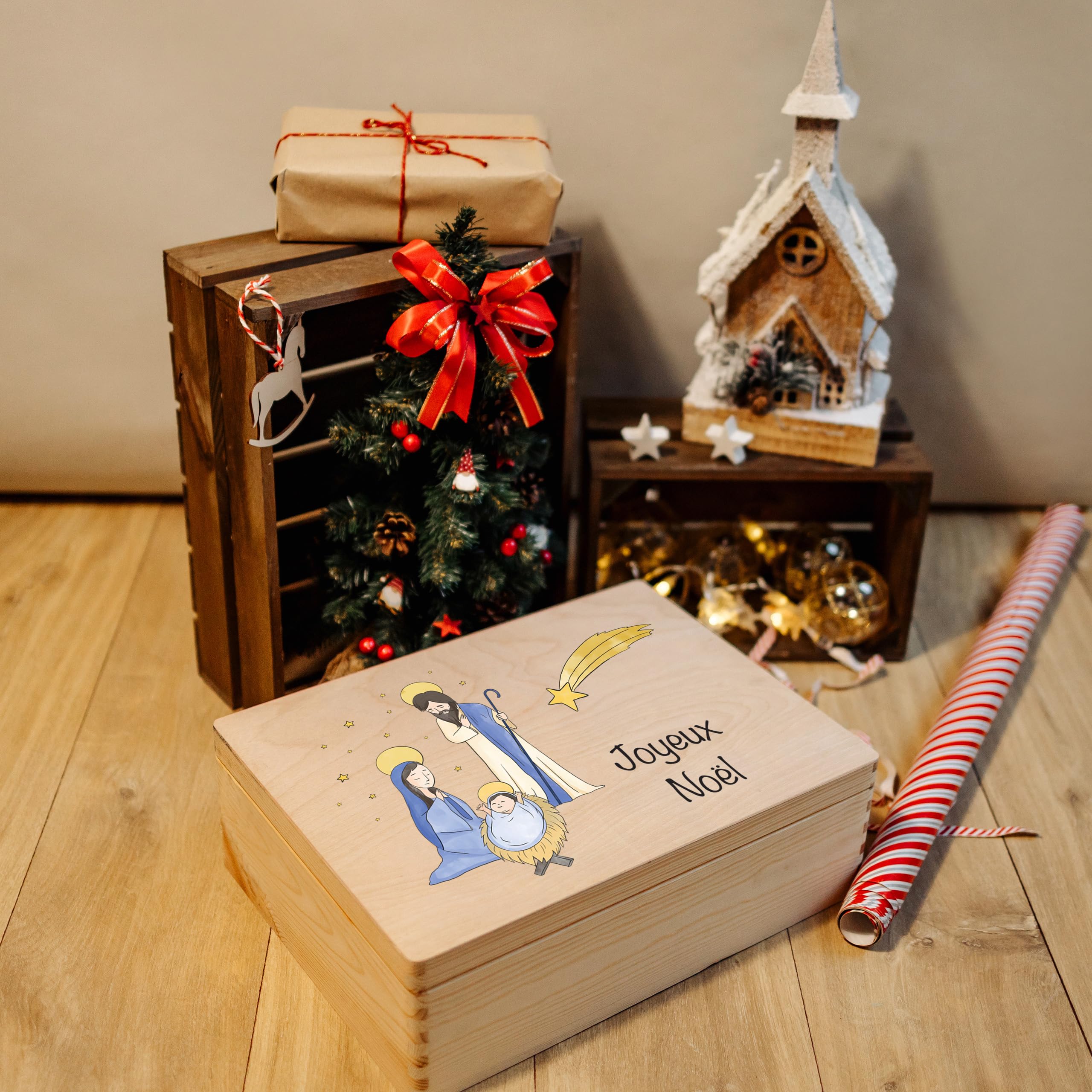Creative Deco Personnalisé Idee Cadeau Noel pour Femme et Homme - Texte Désiré Boîte en Bois - Thème Sainte Famille | Votre Original Cadeaux Personnalisé | Decoration Personnalisable