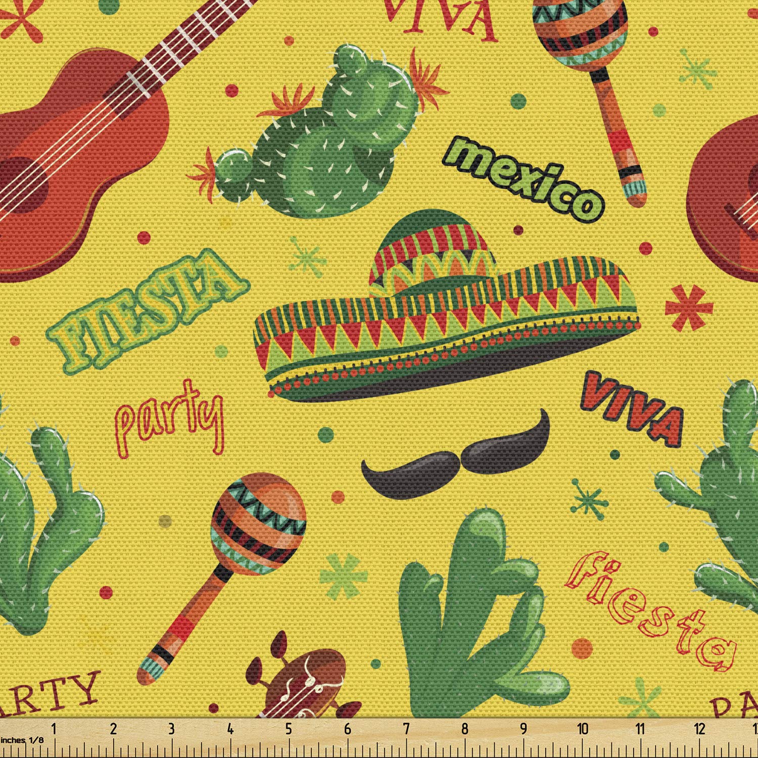 Lunarable Mexican Fabric by The Yard, Fiesta Party Dancing Patriot Spanish Mexican Travel Destinations Exotic Vacation, Decorative Fabric for Upholstery and Home Accents, 5 Yards, Yellow Red