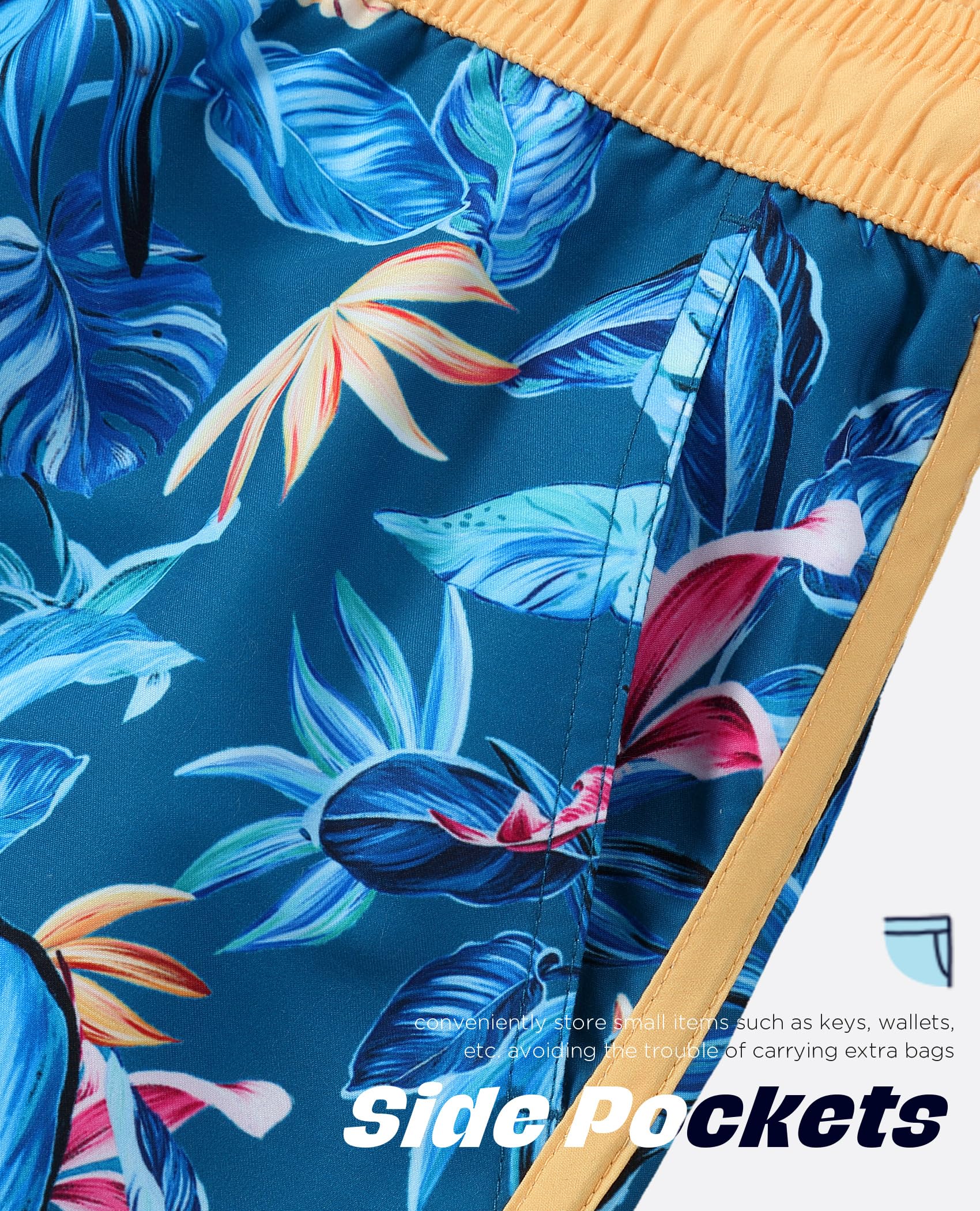 Traje de baño para hombre de los años 80 y 90, estilo vintage, secado rápido, con bolsillos, trajes de baño para niños, Azul oscuro floral, X-Large