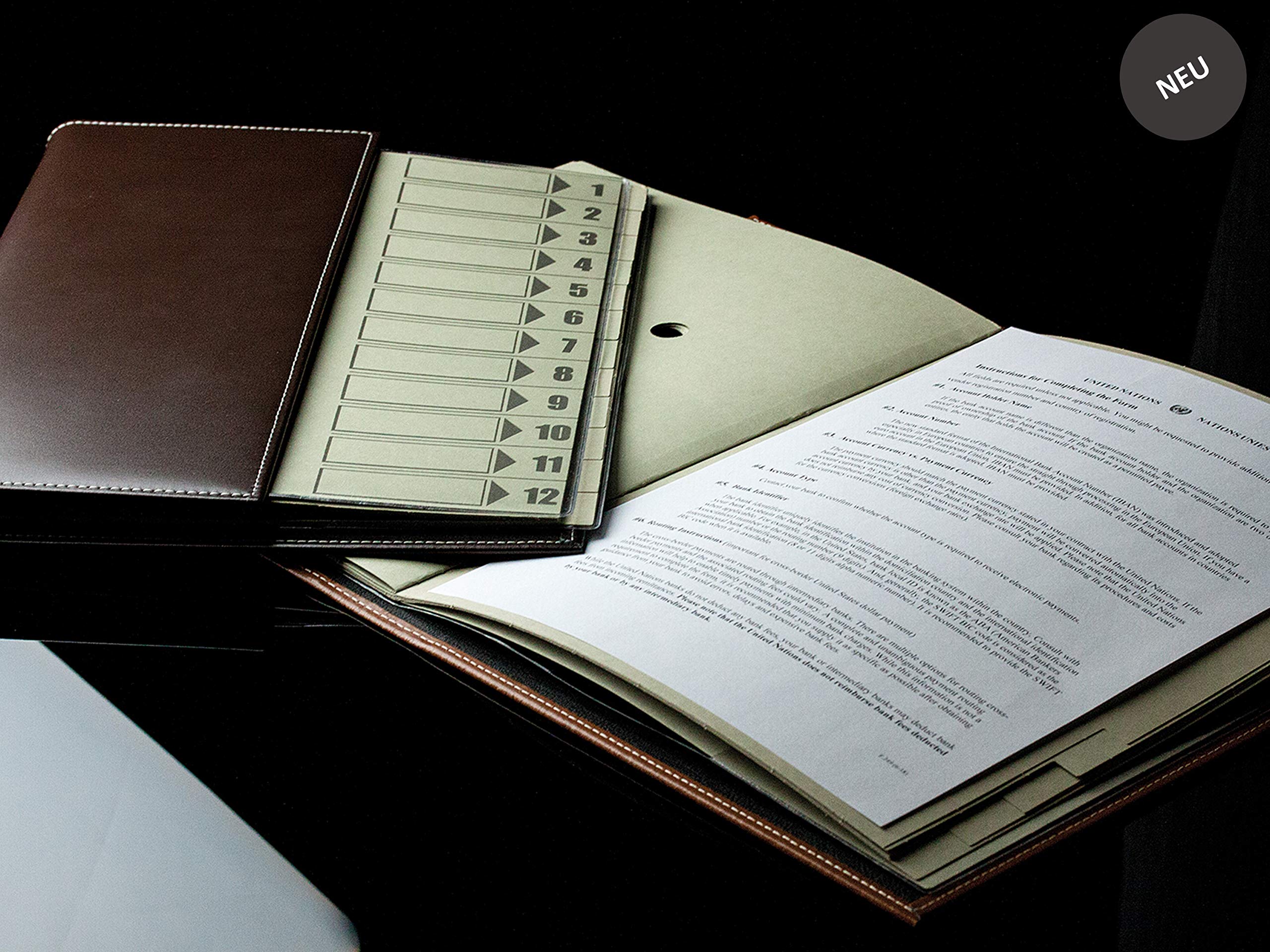 DELMON VARONE - Personalisierbare Ordnungsmappe/Pultmappe DIN A4 Cambridge Top Grain Leder braun - Premium Dokumentenmappe Fächermappe mit 12-teiligem Register (12 Fächer) mit Sichtlöcher