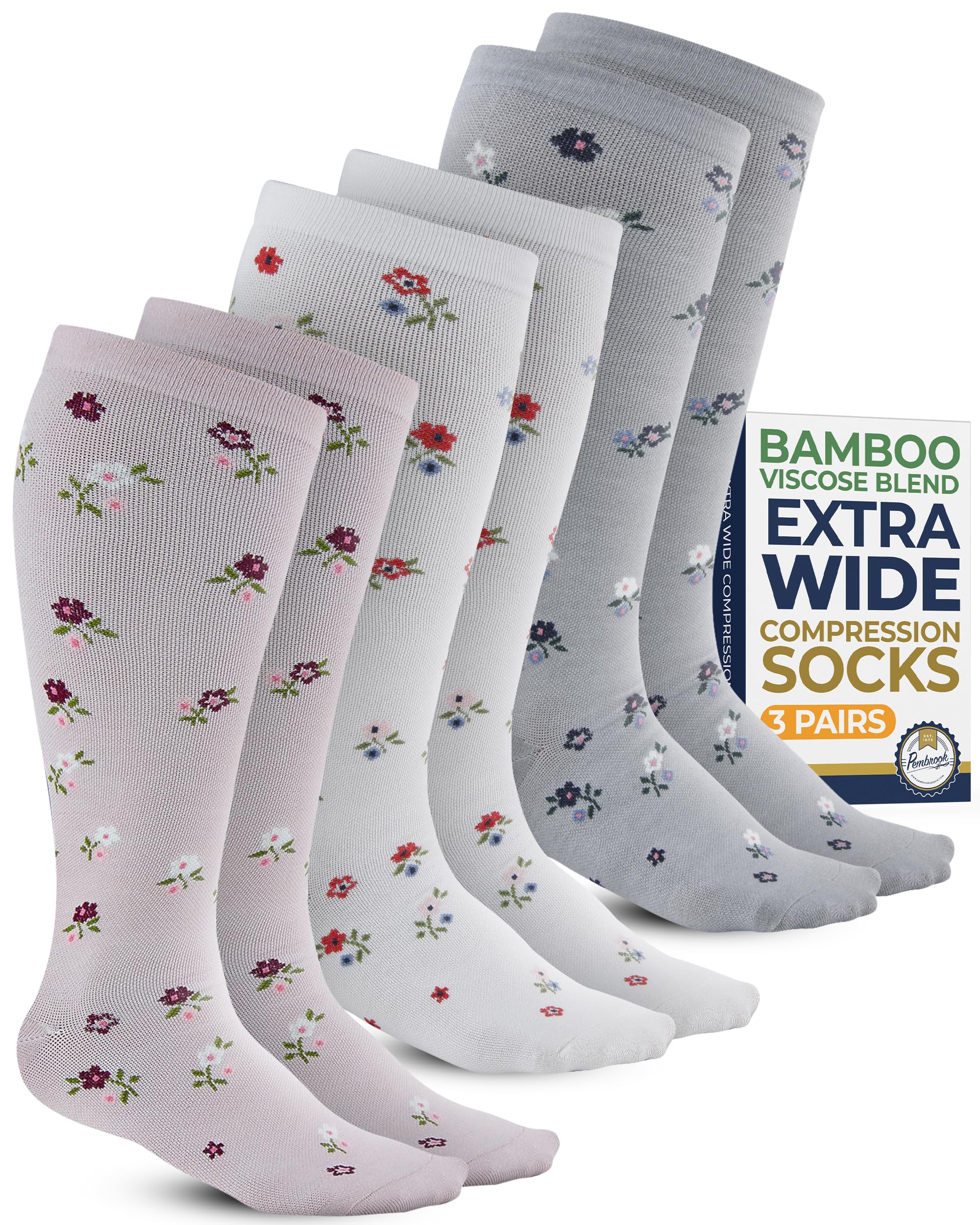 Pembrook 3 Pairs Plus Size Compression Socks Wide Calf - Bamboo Viscose