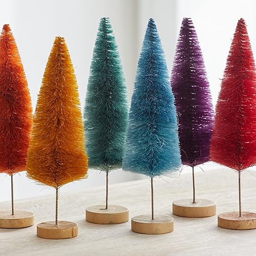 Miniatura 11 de Juego de 6 árboles de cepillo para botellas, decoración del hogar con acento verde y gris, estantería de bosque de invierno, acento navideño azul