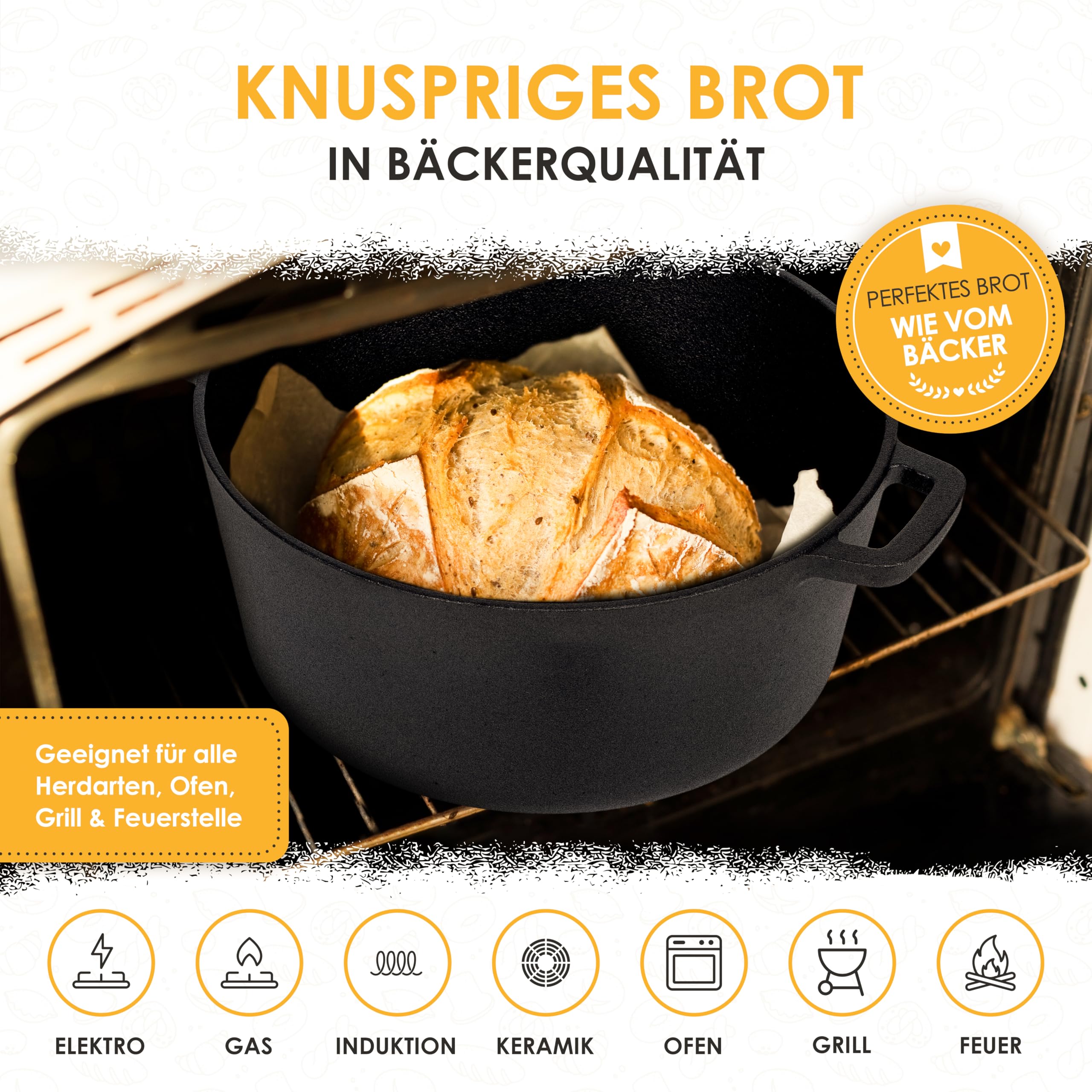 Gusseisen Topf Brot Backen inkl. Gärkorb, Bäckermesser & Teigschaber - 26cm Brotbackform mit Deckel - Komplettes Brotbackset - Idealer Brottopf zum Backen, Brotbacktopf, Brot Backen Zubehör