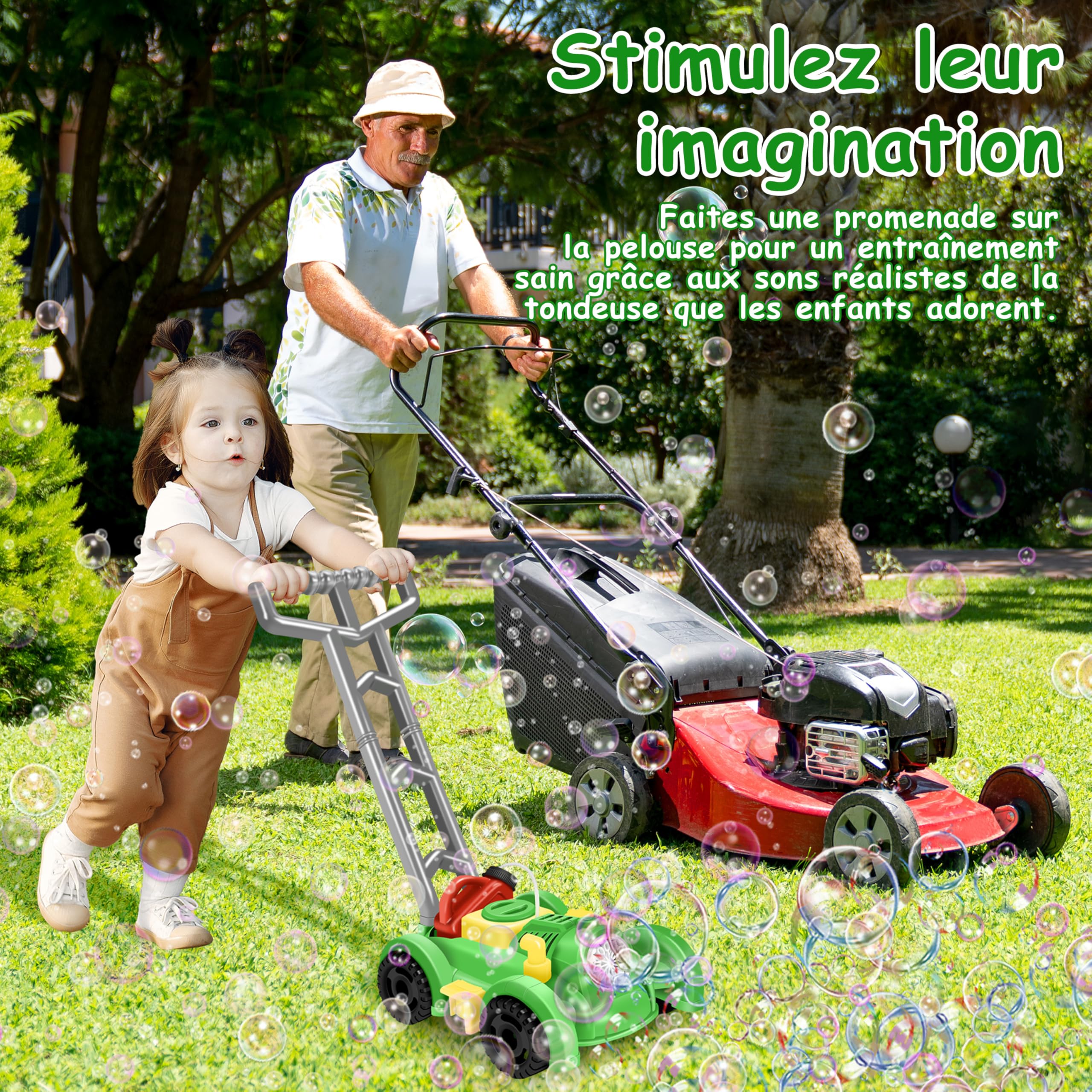 Herefun Tondeuse à Bulles Enfant, Machine à Bulles Automatique, Soufflante à Bulles Automatique Alimentée par Pile, Tondeuse à Gazon Jouet pour Activités en Plein Air Enfant (Vert)