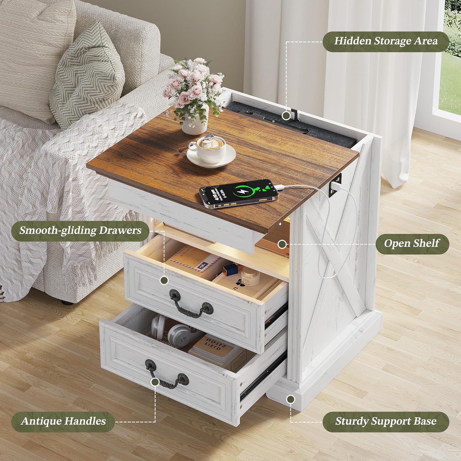 Nightstand with open shelf and two drawers