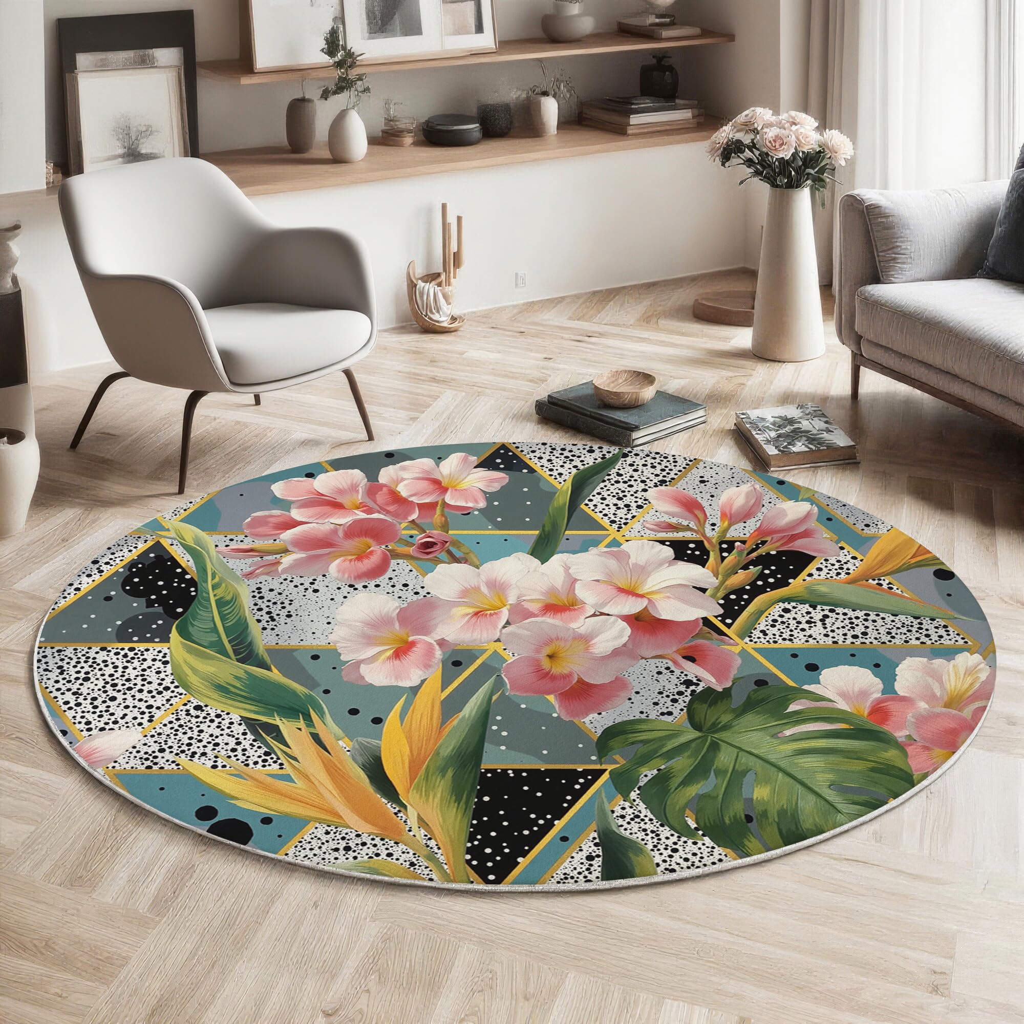 Tapis de style art moderne rond gris 160cm aux finitions géométriques