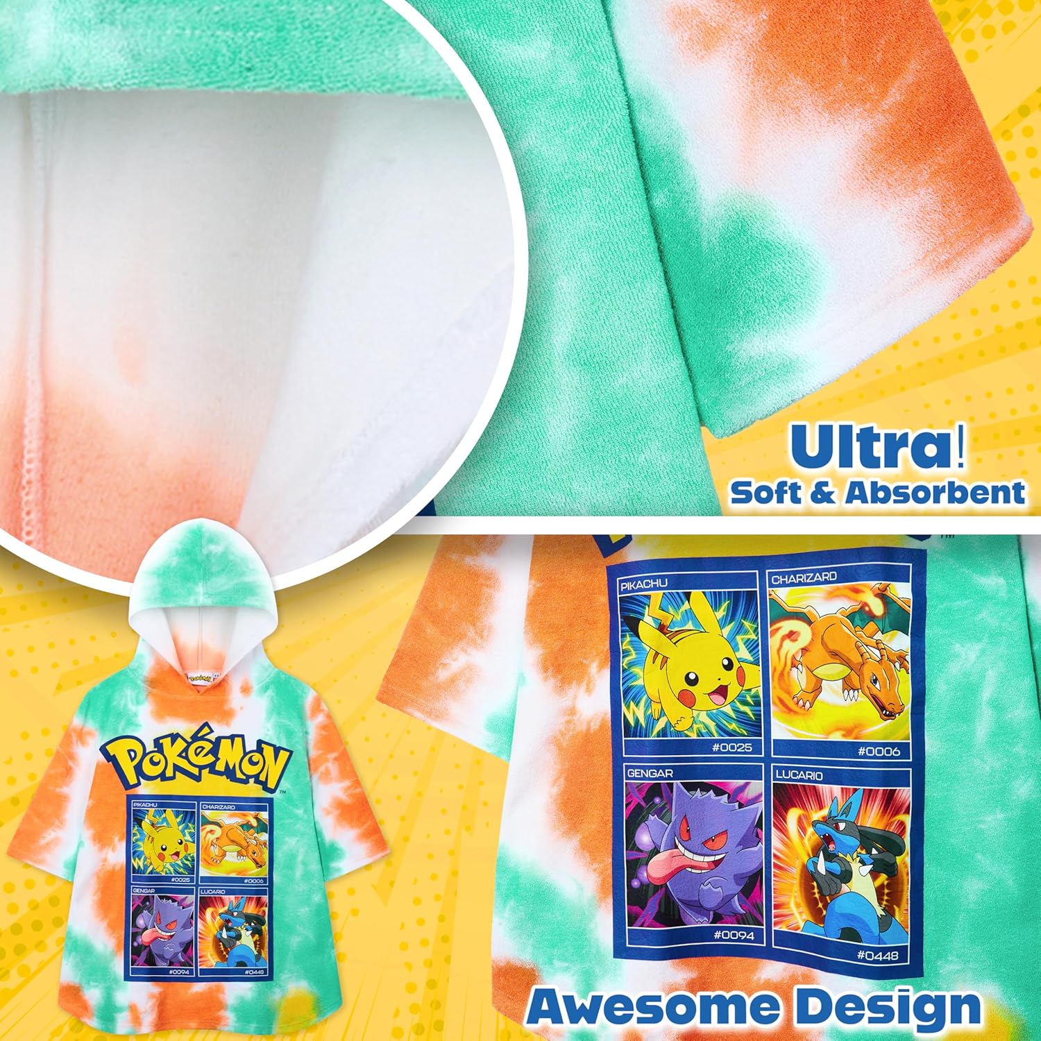 Pokemon Hooded Beach Towel Kids Pikachu Towelling Poncho Bath Towel Wrap Soft Changing Robe for Pool Beach Vacation Bathroom Anime Gifts Holiday Essentials (Multi Tie Dye, 10-13 Years)