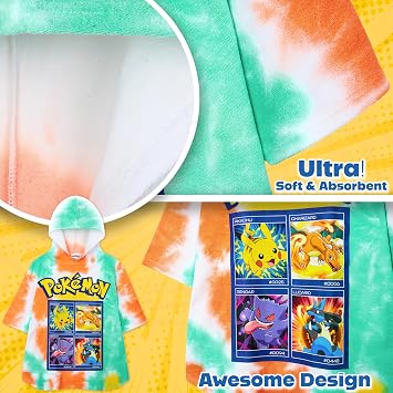 Pokemon Hooded Beach Towel Kids Pikachu Towelling Poncho Bath Towel Wrap Soft Changing Robe for Pool Beach Vacation Bathroom Anime Gifts Holiday Essentials (Multi Tie Dye, 6-9 Years)