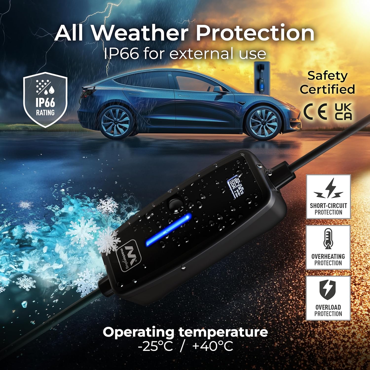Masterplug EV charger in rain and snow, illustrating IP66 weather protection