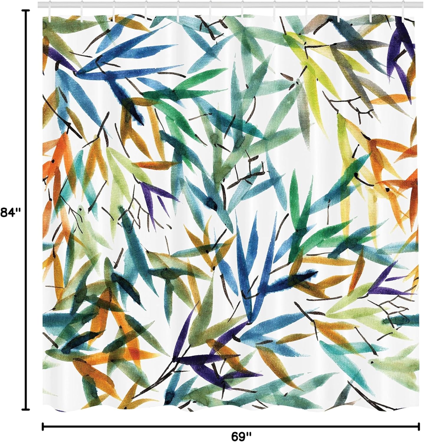 Ambesonne Traditional Shower Curtain, Colorful Bamboo Tree Leaves Hand Drawn Style Plants Picture Print, Cloth Fabric Bathroom Decor Set with Hooks, 69" W x 84" L, Multicolor White