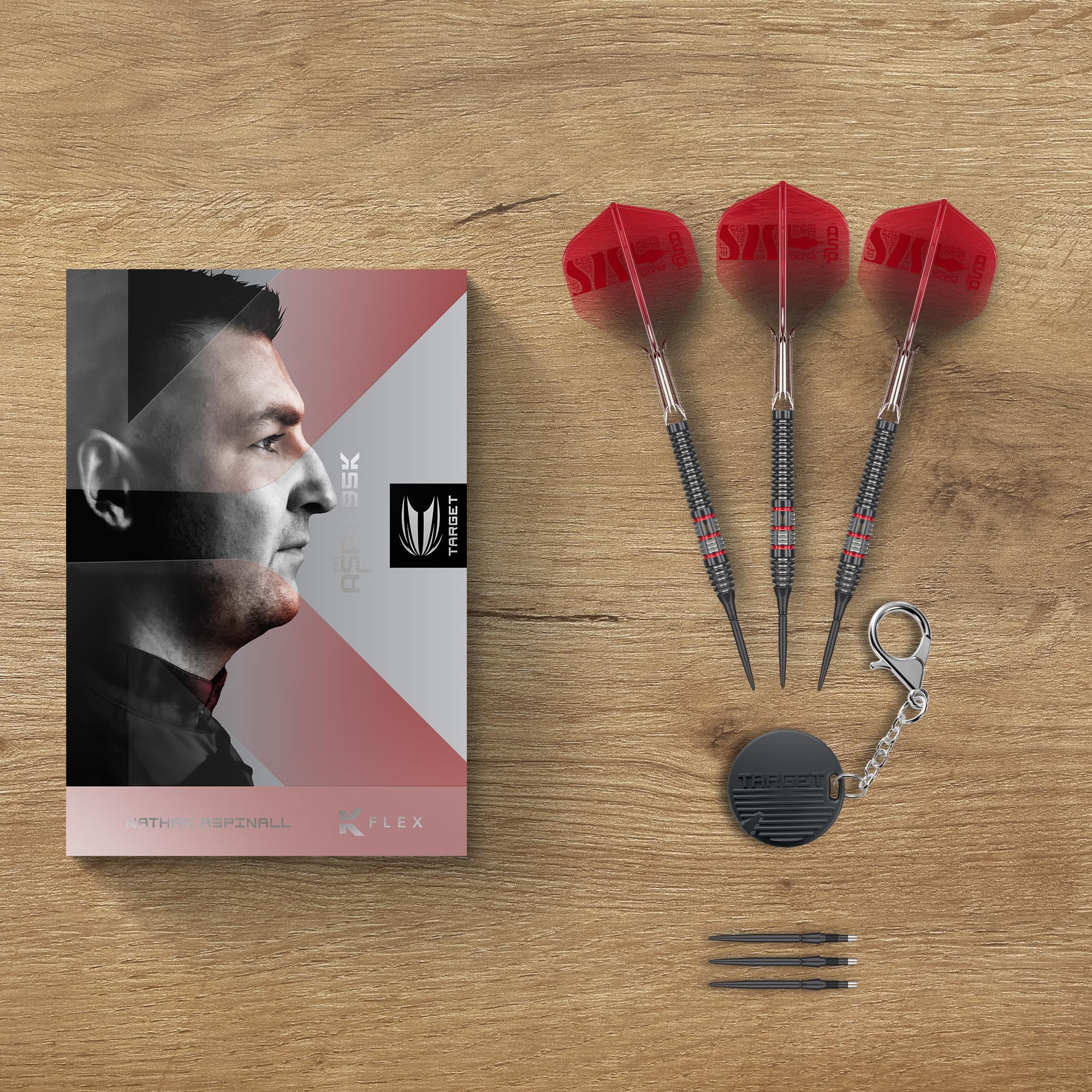 Target Darts Nathan Aspinall Steel Tip 95K Dart Set 22G/24G/26G 95% Wolfram-Darts K-Flex Nr.2 Flights & Shafts Swiss Storm Black SP Tool im Lieferumfang enthalten Player Edition Professional Dart Sets